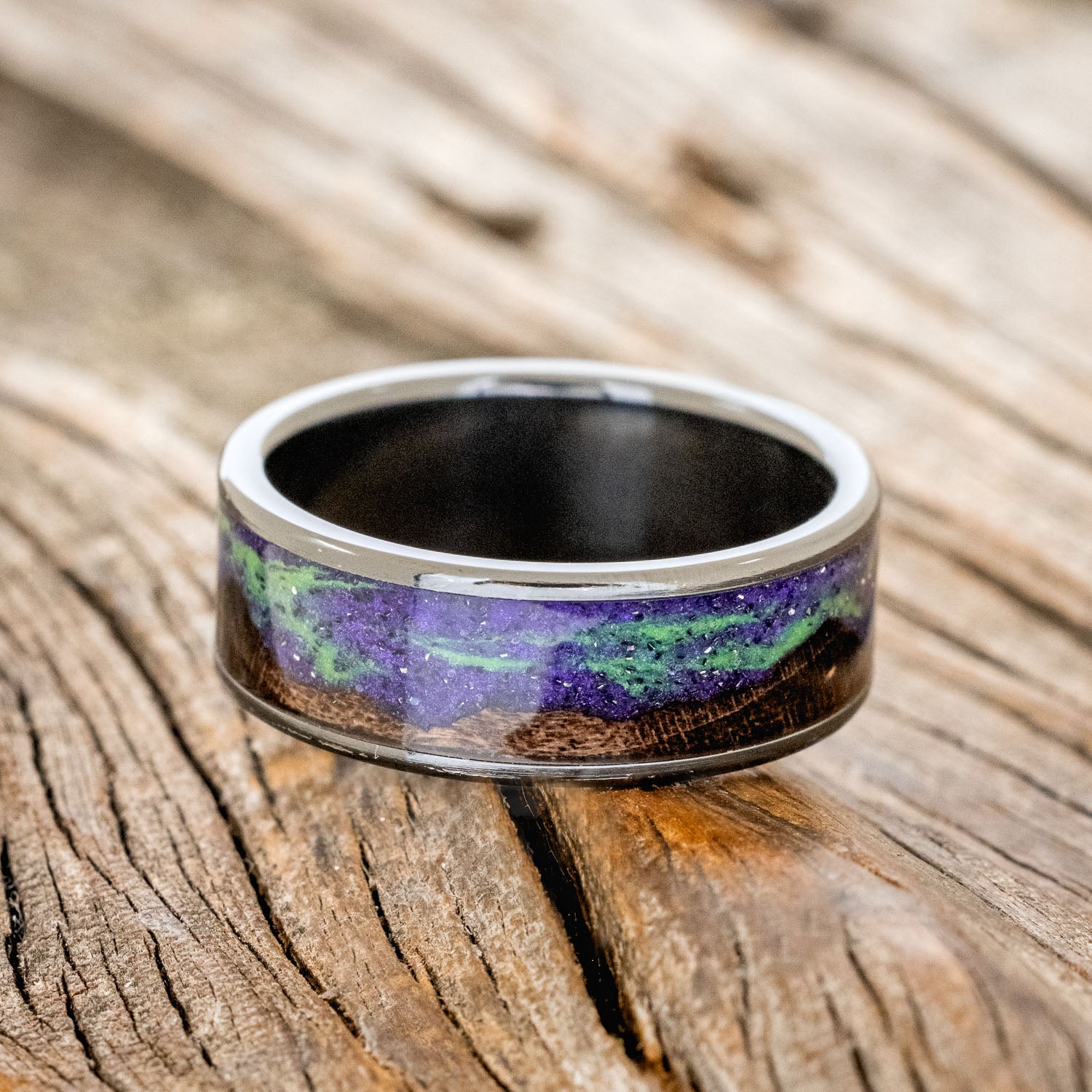"BOREALIS" - MOUNTAIN ENGRAVED WEDDING RING WITH DARK MAPLE WOOD & GLOW IN THE DARK NORTHERN LIGHTS-11