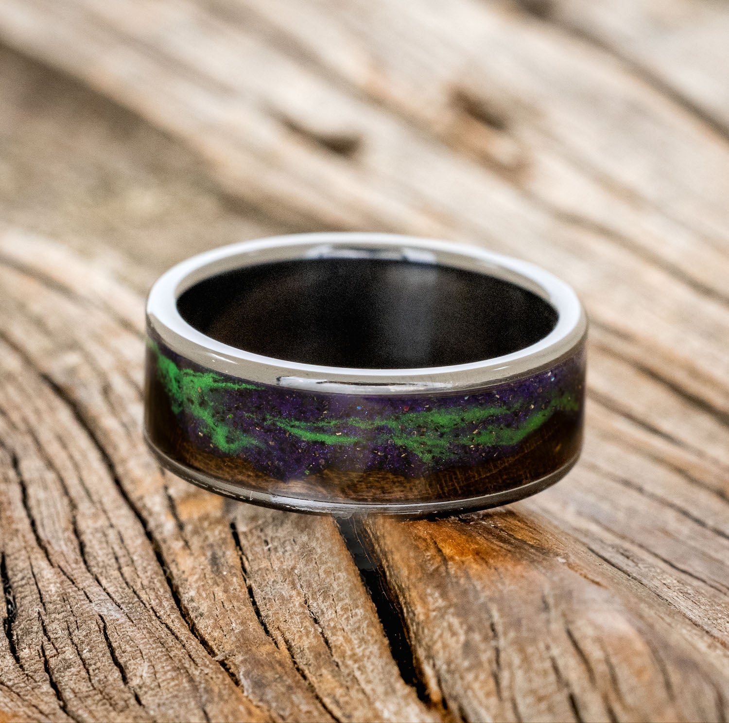 "BOREALIS" - MOUNTAIN ENGRAVED WEDDING RING WITH DARK MAPLE WOOD & GLOW IN THE DARK NORTHERN LIGHTS-14