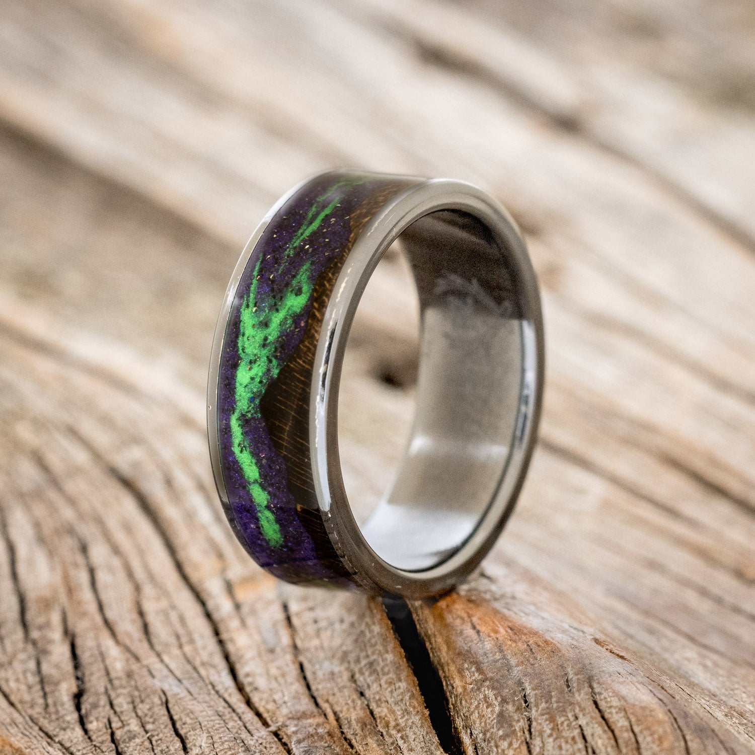 "BOREALIS" - MOUNTAIN ENGRAVED WEDDING RING WITH DARK MAPLE WOOD & GLOW IN THE DARK NORTHERN LIGHTS - BLACK ZIRCONIUM - SIZE 10-5