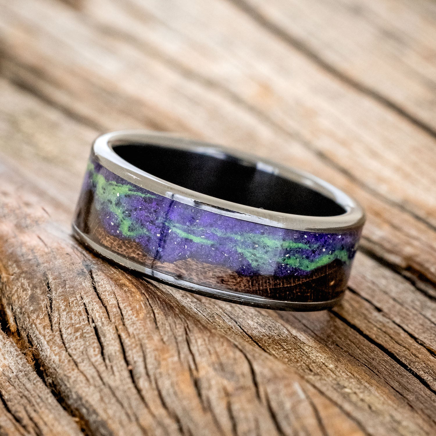 "BOREALIS" - MOUNTAIN ENGRAVED WEDDING RING WITH DARK MAPLE WOOD & GLOW IN THE DARK NORTHERN LIGHTS - BLACK ZIRCONIUM - SIZE 10-6