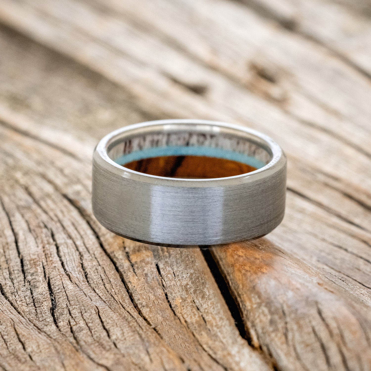"ARGOS" - ANTLER, IRONWOOD & TURQUOISE LINED WEDDING BAND WITH BRUSHED FINISH-21