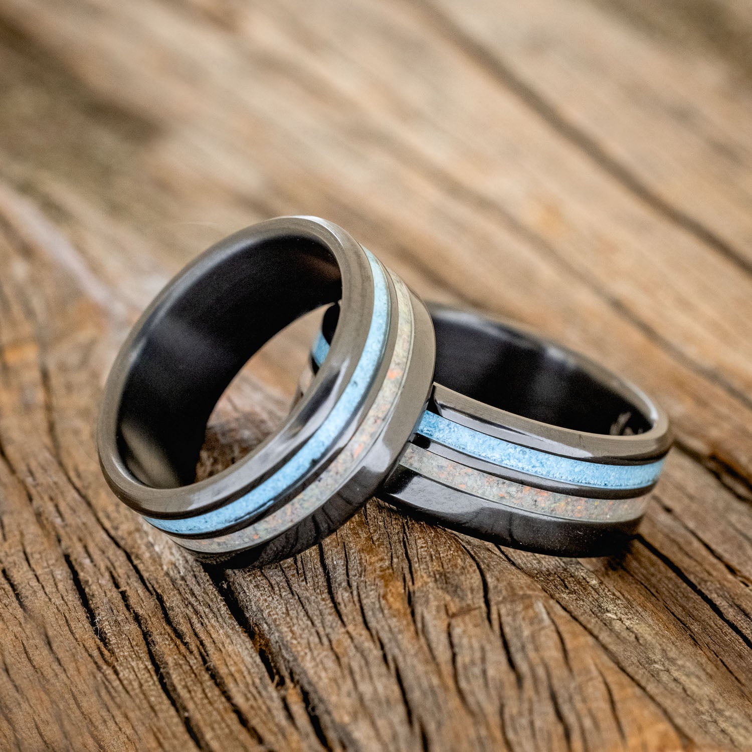 "COSMO" - MATCHING SET OF TURQUOISE & FIRE AND ICE OPAL WEDDING RINGS-2