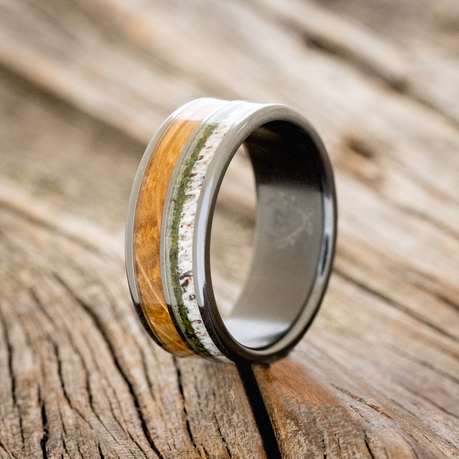 "DYAD" - MOSS, ANTLER & WHISKEY BARREL OAK WEDDING BAND-7