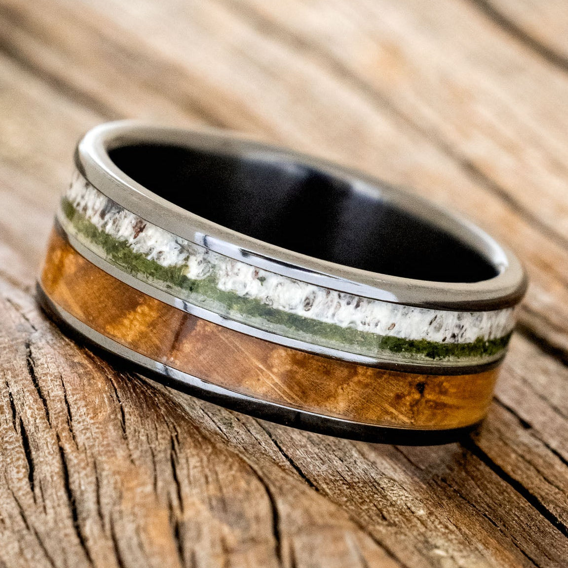"DYAD" - MOSS, ANTLER & WHISKEY BARREL OAK WEDDING BAND-8