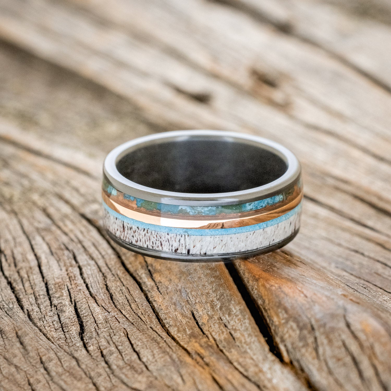 "ELEMENT" - PATINA COPPER, TURQUOISE, ANTLER & 14K ROSE GOLD INLAY WEDDING BAND-6