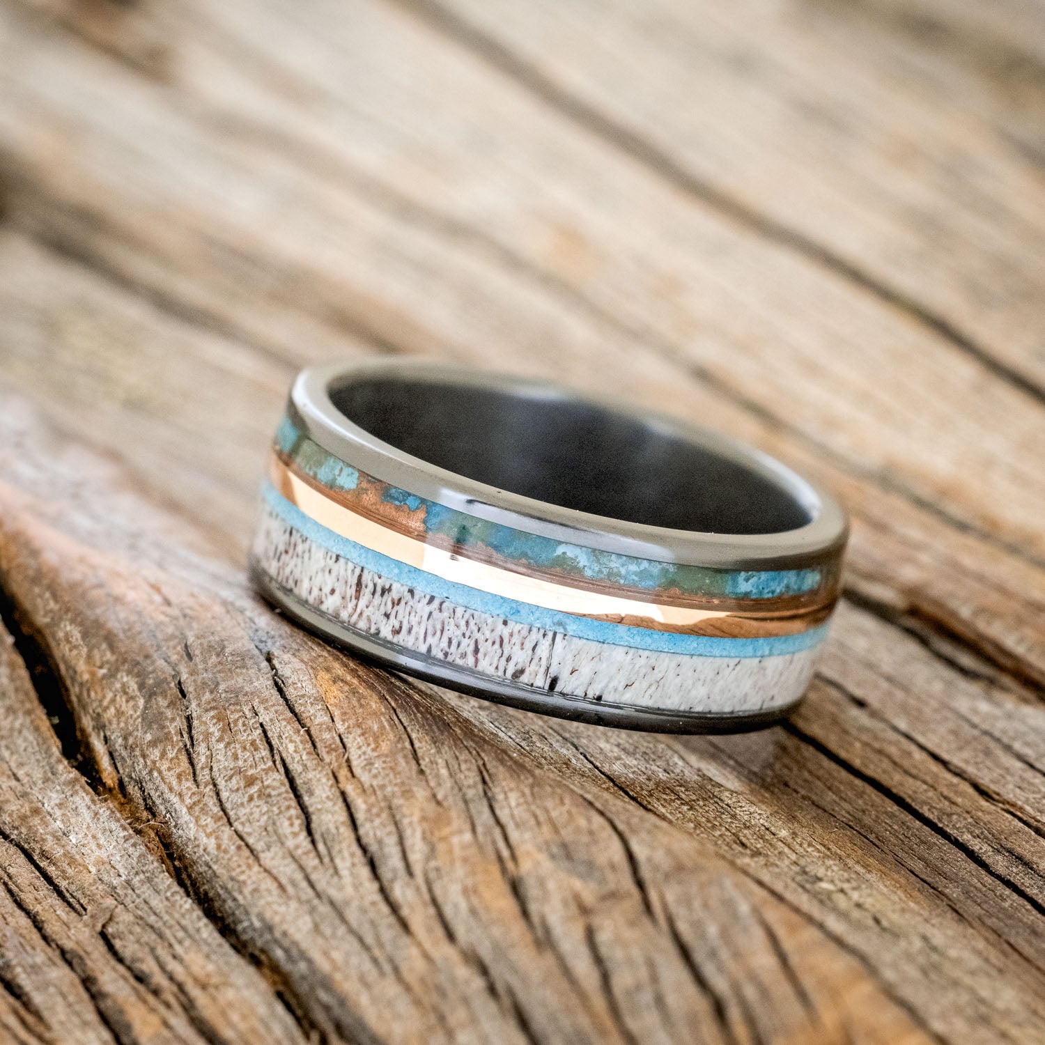 "ELEMENT" - PATINA COPPER, TURQUOISE, ANTLER & 14K ROSE GOLD INLAY WEDDING BAND-5