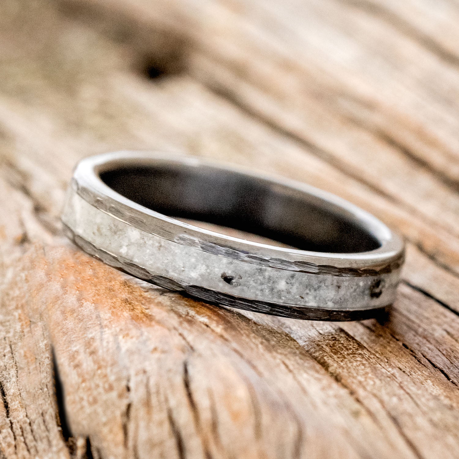 "PERENNA" - MOONSTONE STACKING BAND FEATURING BLACK ZIRCONIUM WITH HAMMERED EDGES-2