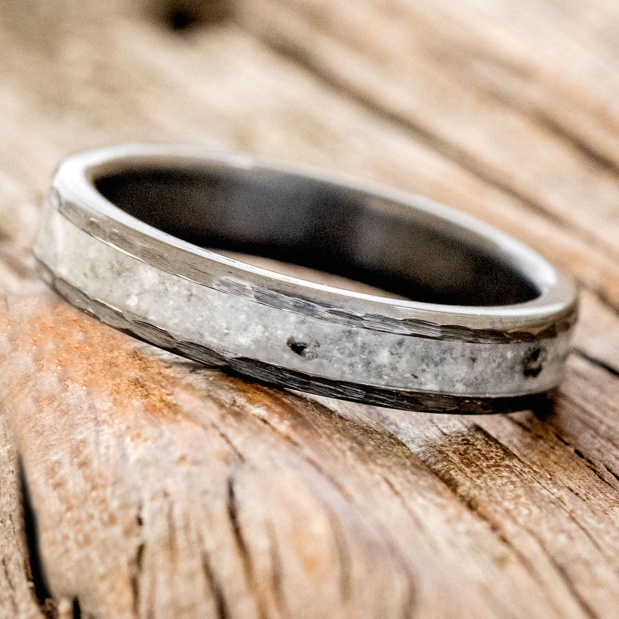 "PERENNA" - MOONSTONE STACKING BAND FEATURING BLACK ZIRCONIUM WITH HAMMERED EDGES-2