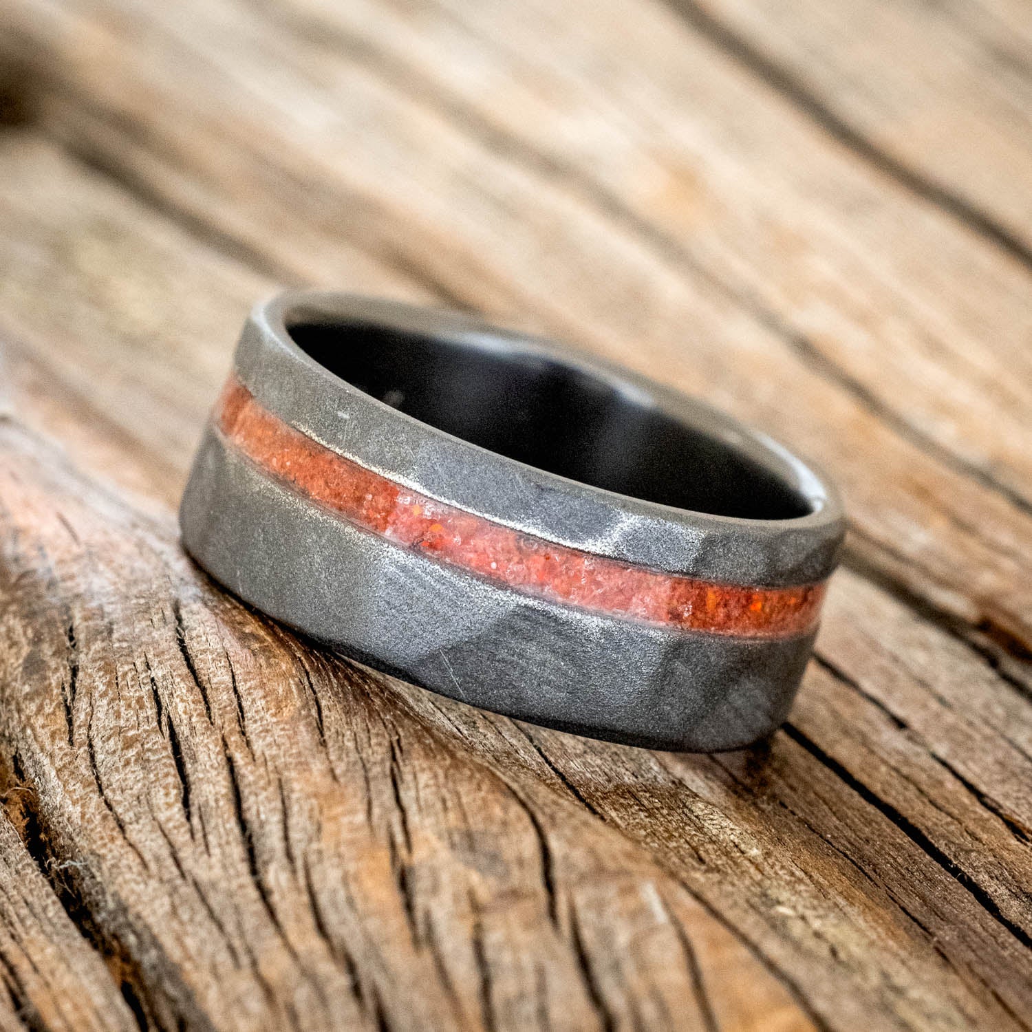 "VERTIGO" - FACETED RUBY RED OPAL WEDDING RING WITH A STONE WASH FINISH-2