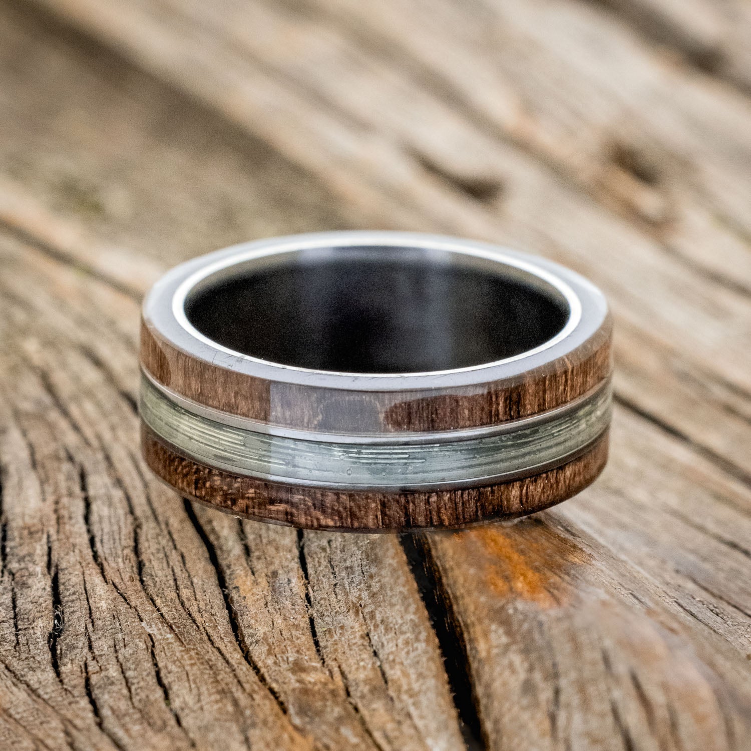 "GLEN" - DARK MAPLE WOOD & FISHING LINE WEDDING RING-3