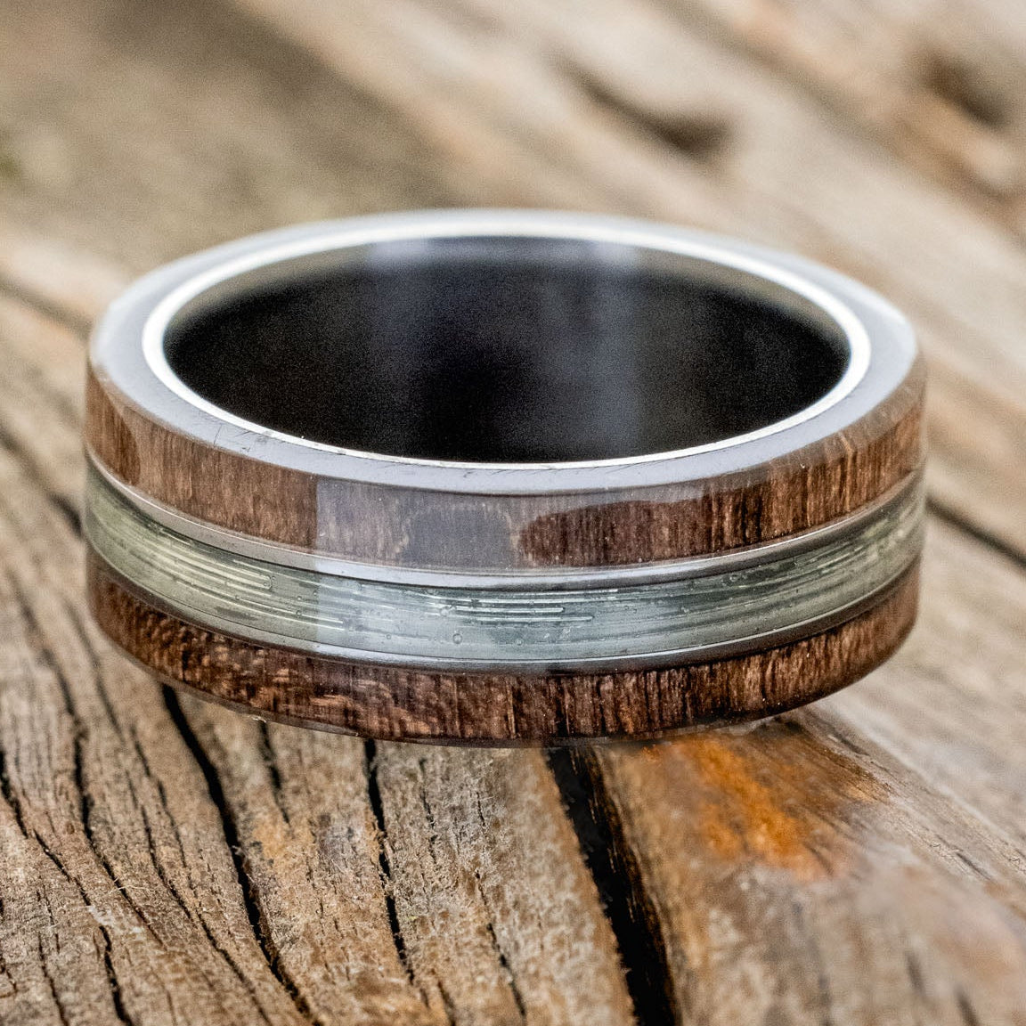 "GLEN" - DARK MAPLE WOOD & FISHING LINE WEDDING RING-3