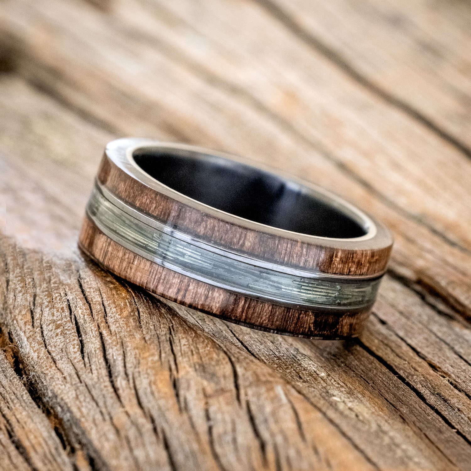 "GLEN" - DARK MAPLE WOOD & FISHING LINE WEDDING RING-2