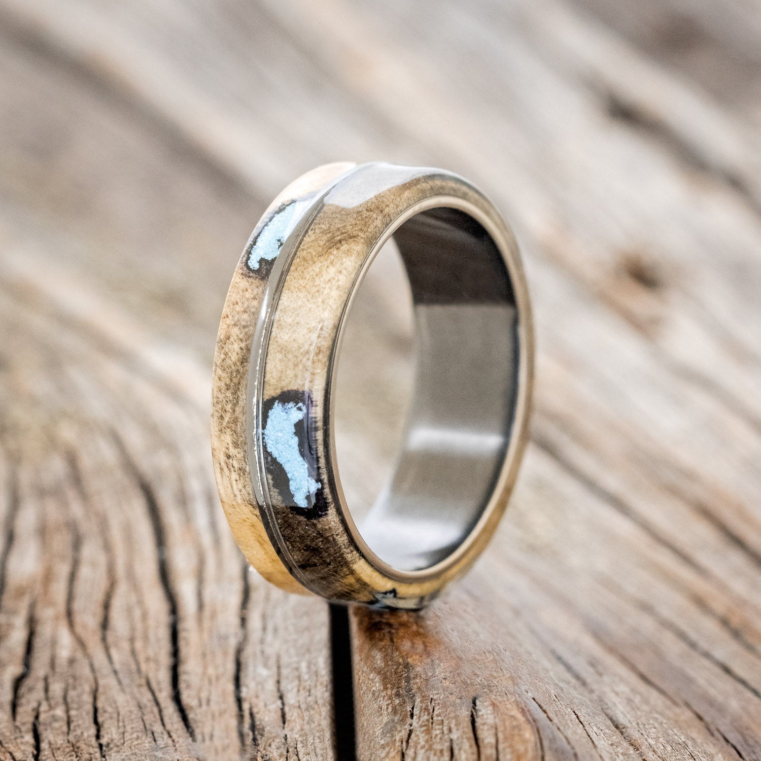 "GOLDEN" - BUCKEYE BURL WOOD & TURQUOISE INLAYS WEDDING BAND-7