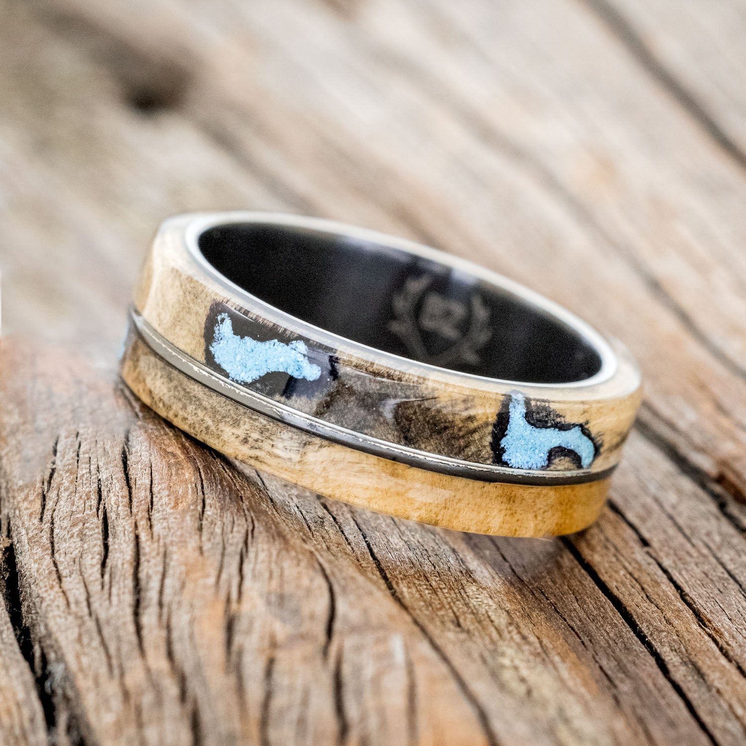 "GOLDEN" - BUCKEYE BURL WOOD & TURQUOISE INLAYS WEDDING BAND-8