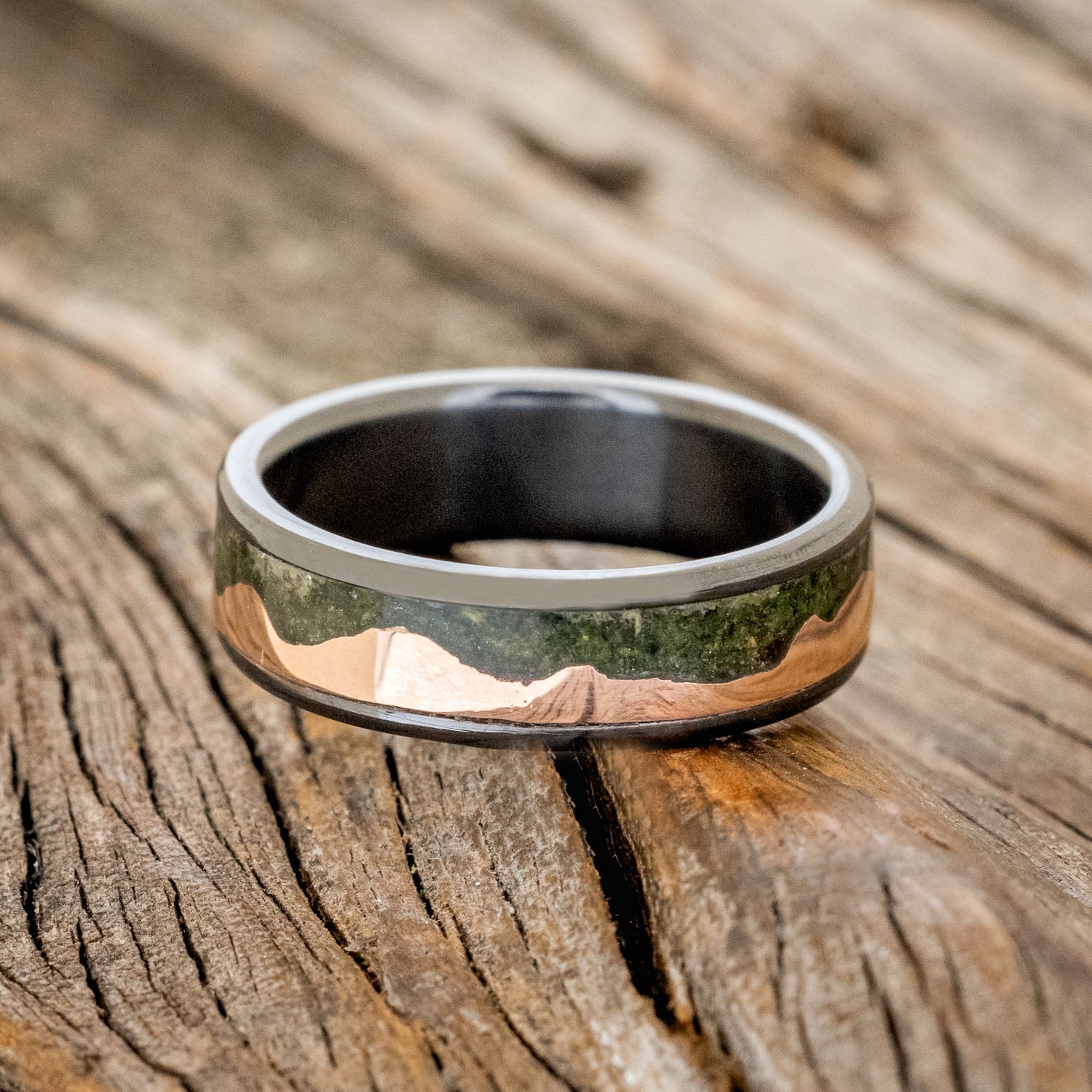 "HELIOS" - MOSS & 14K GOLD MOUNTAIN RANGE WEDDING BAND-6