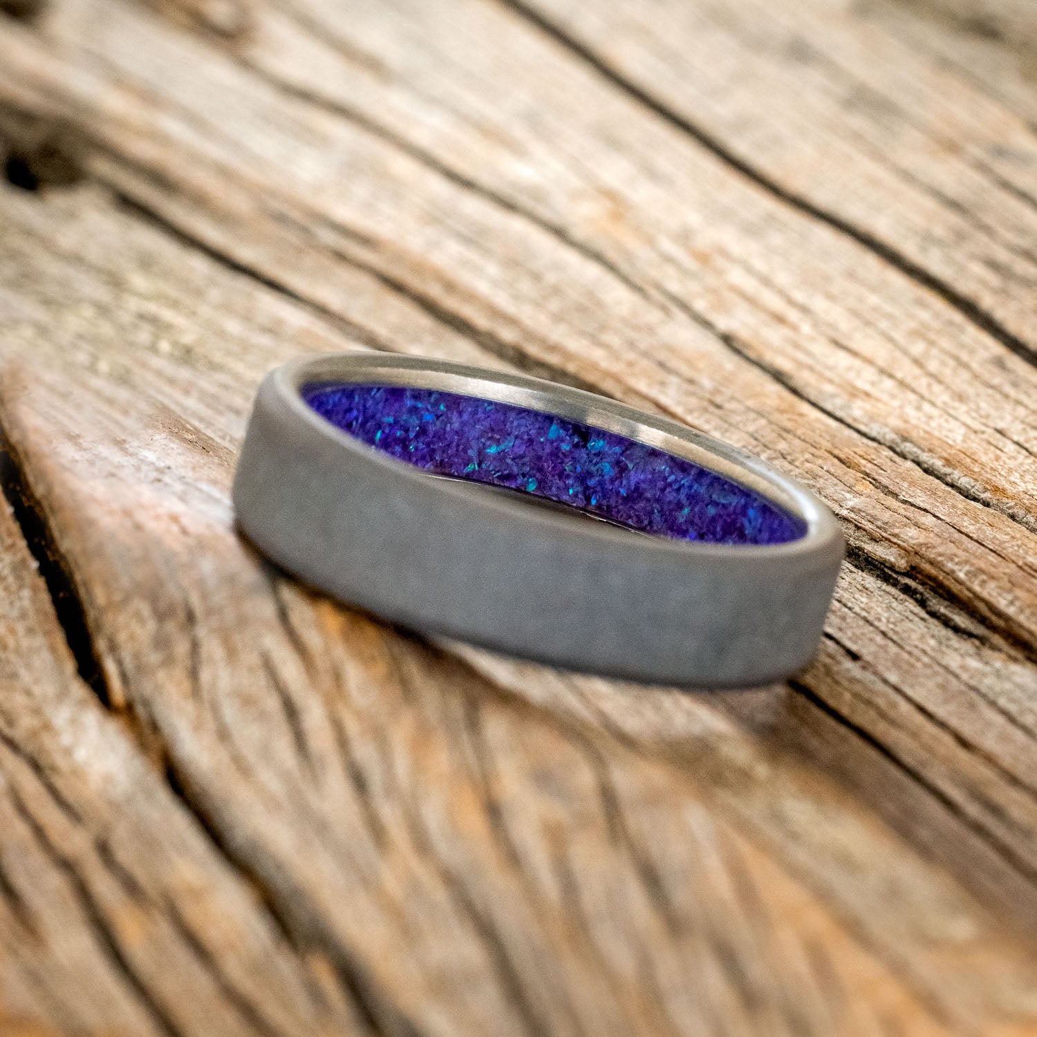 LAVENDER OPAL LINED WEDDING BAND WITH A SANDBLASTED FINISH-2