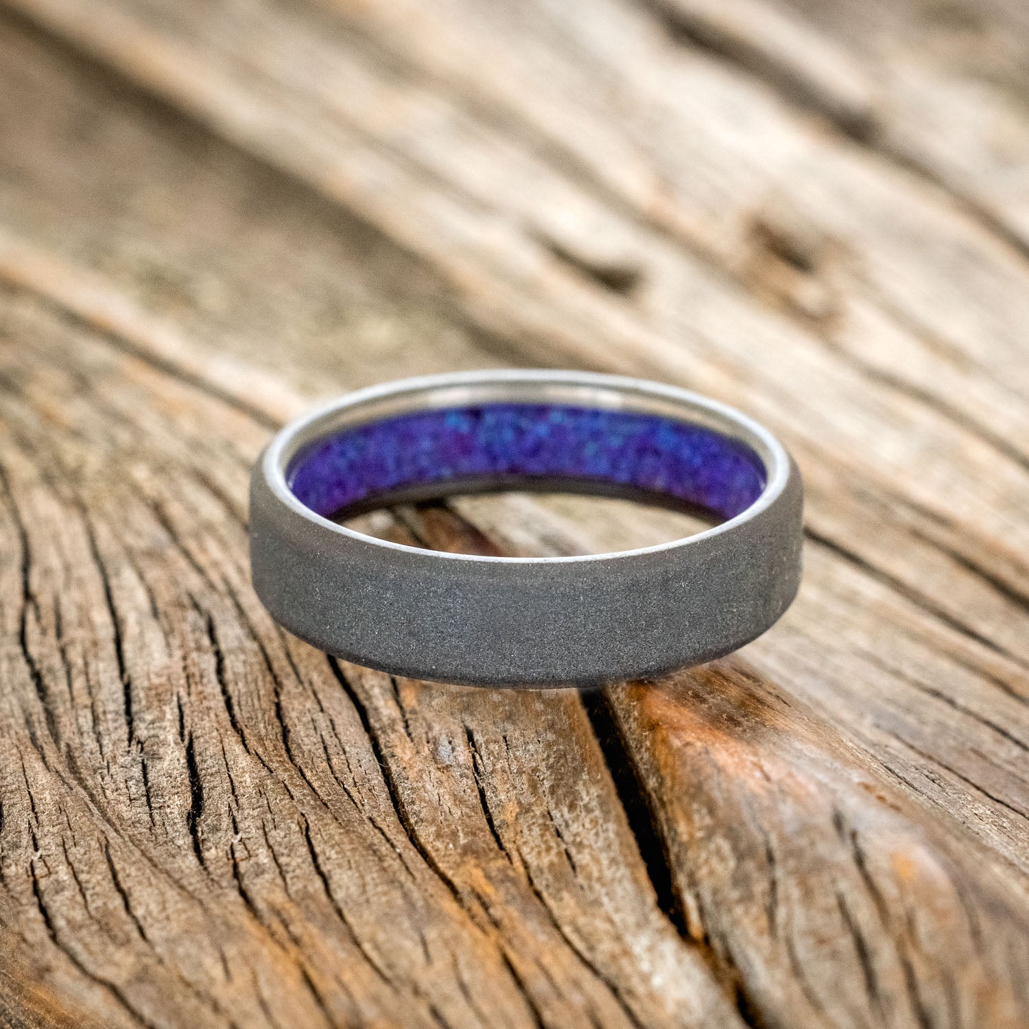 LAVENDER OPAL LINED WEDDING BAND WITH A SANDBLASTED FINISH-3