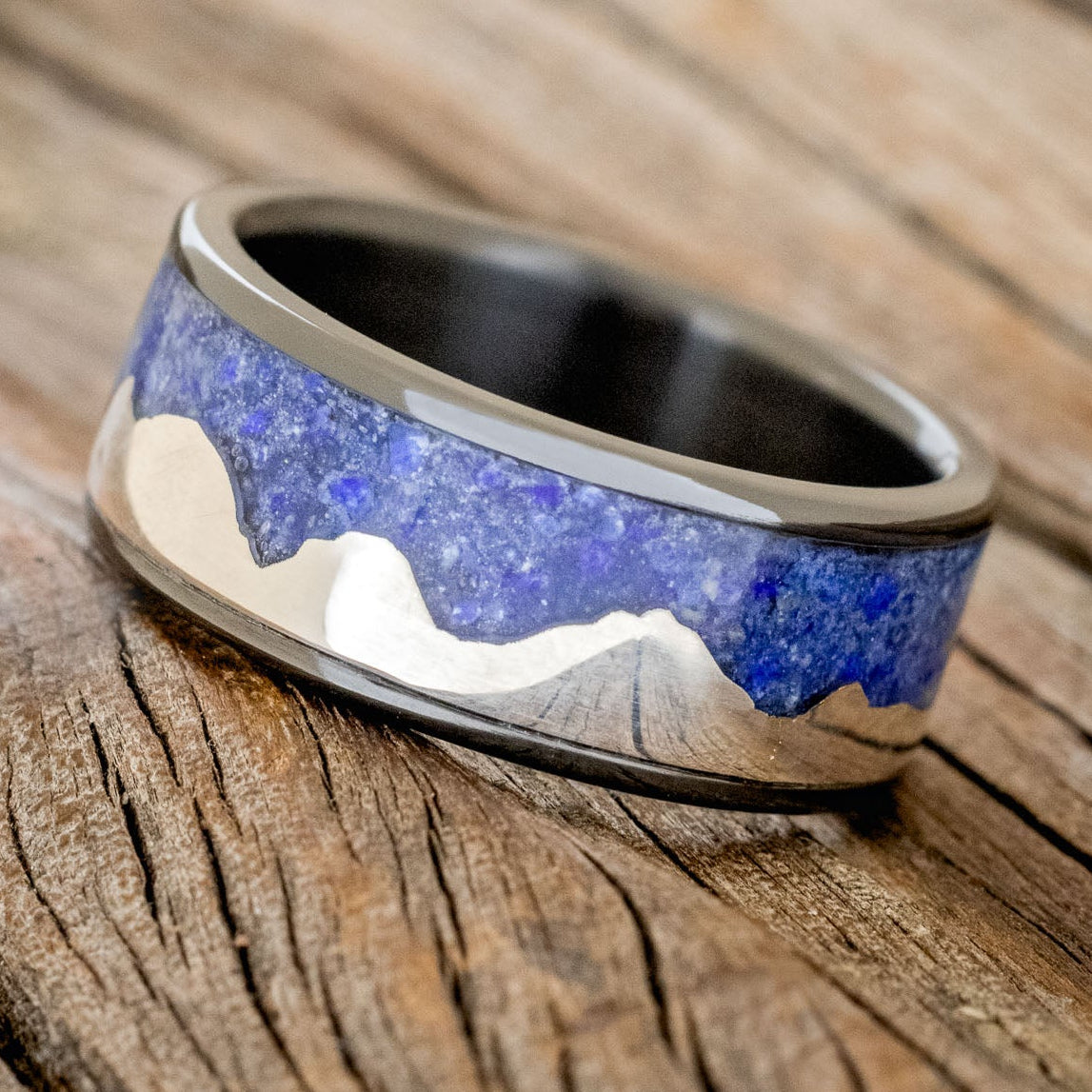 "HELIOS" - LAPIS LAZULI WITH SILVER MOUNTAIN RANGE WEDDING BAND-9