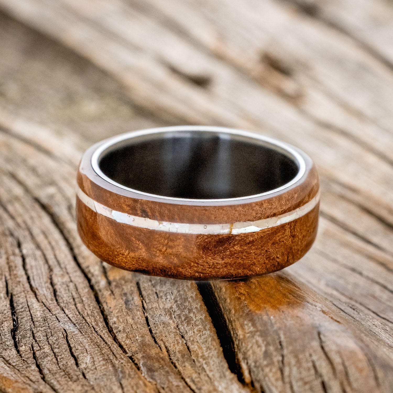 "REMMY" - REDWOOD & MOTHER OF PEARL WEDDING RING-12