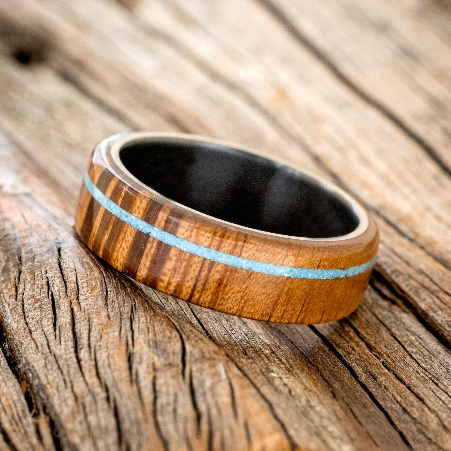 "REMMY" - TIGER WOOD & TURQUOISE WEDDING BAND-5