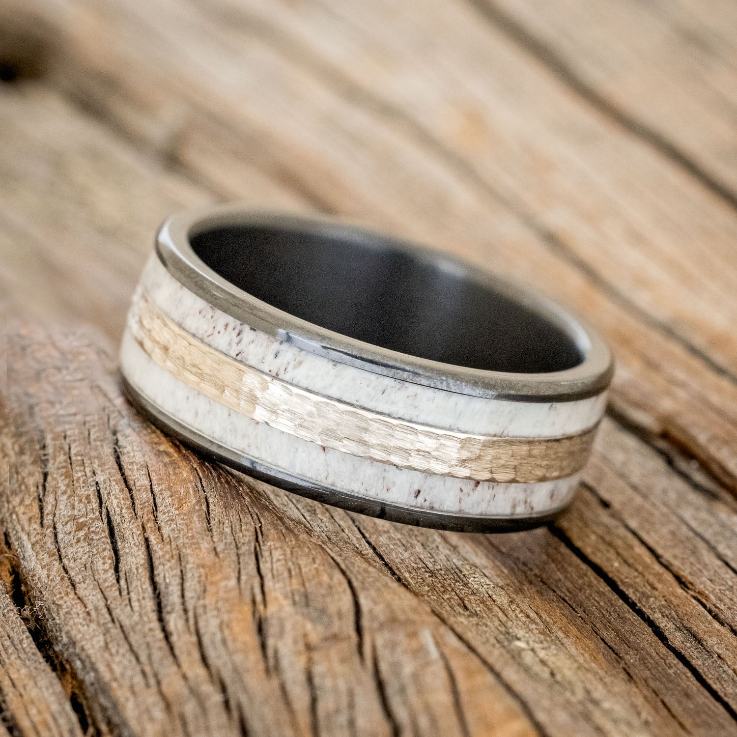 "RYDER" - ANTLER & HAMMERED GOLD INLAY WEDDING RING-2