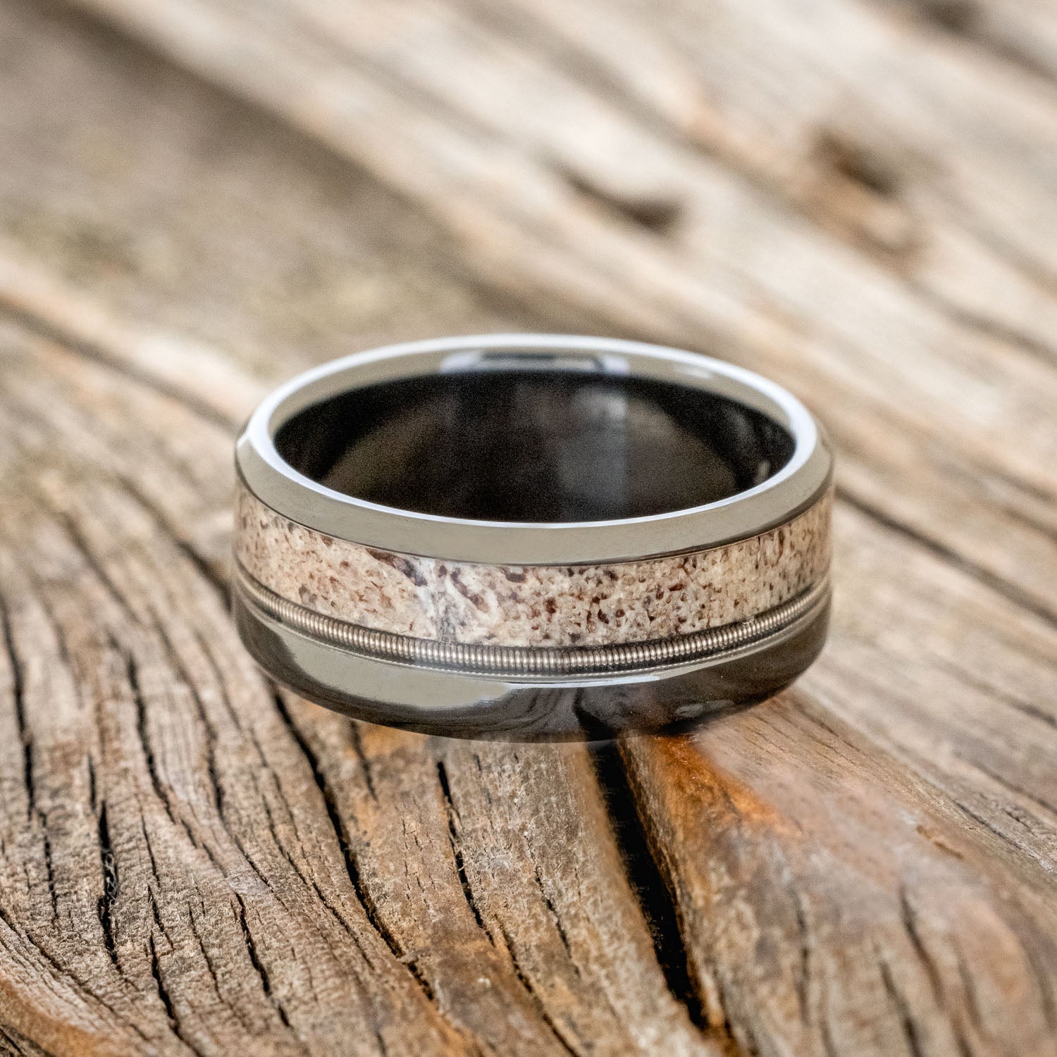 "TANNER" - GUITAR STRING & ANTLER WEDDING BAND-12