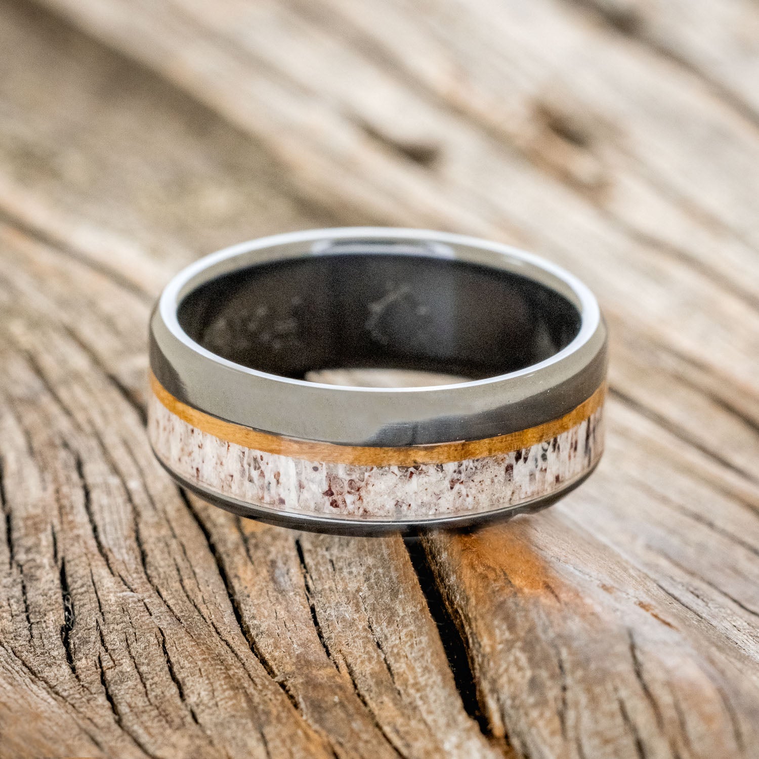"TANNER" - WHISKEY BARREL OAK & ANTLER WEDDING RING - READY TO SHIP-9