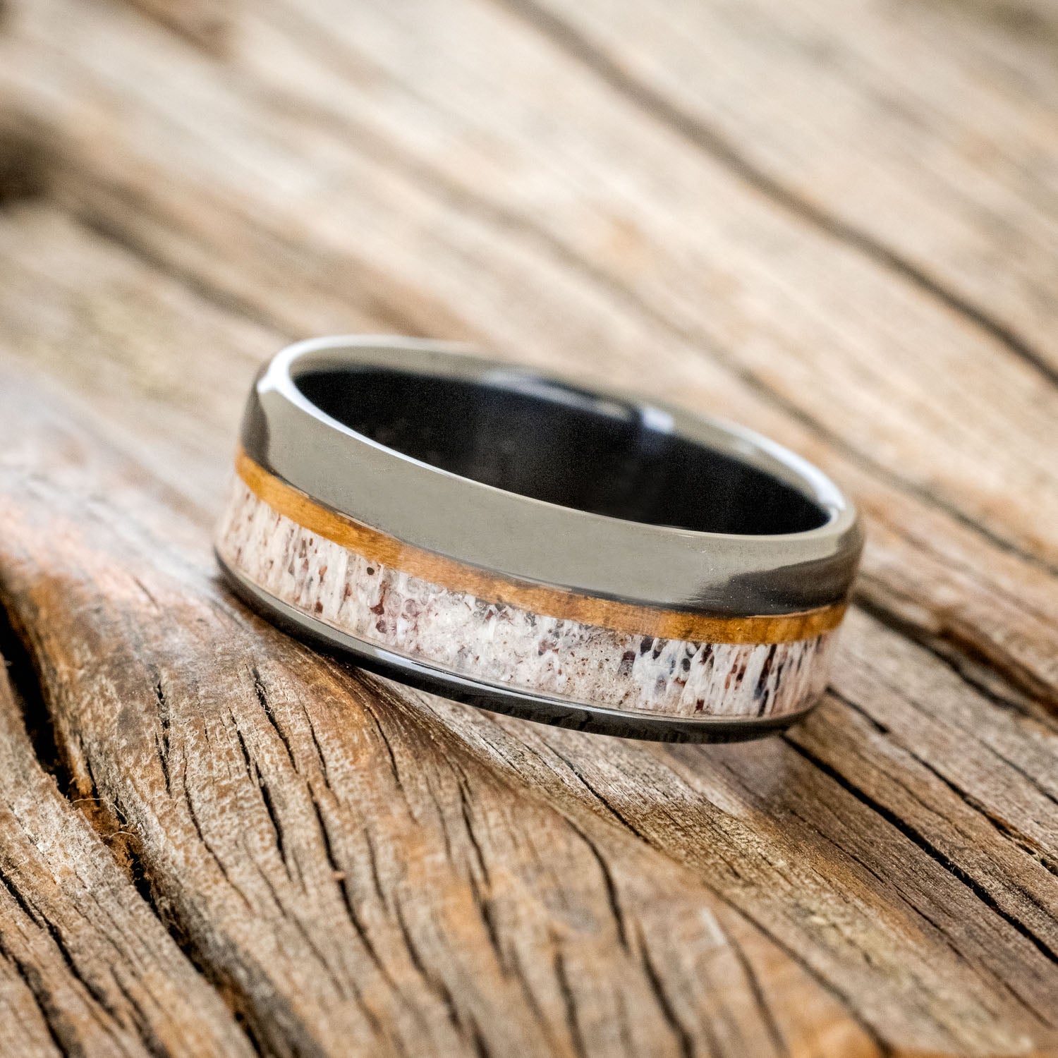 "TANNER" - WHISKEY BARREL OAK & ANTLER WEDDING RING - READY TO SHIP-8