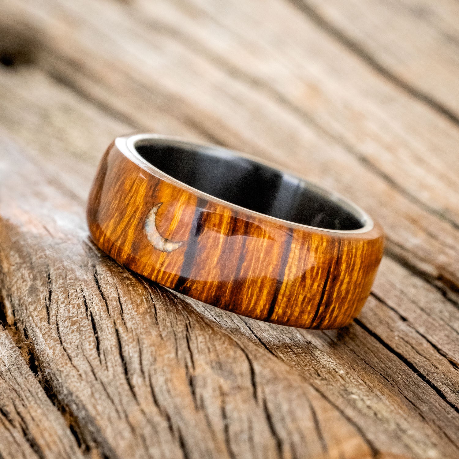 "THERON" - IRONWOOD WEDDING BAND WITH CRESCENT MOON ENGRAVING & FIRE AND ICE OPAL INLAY-2
