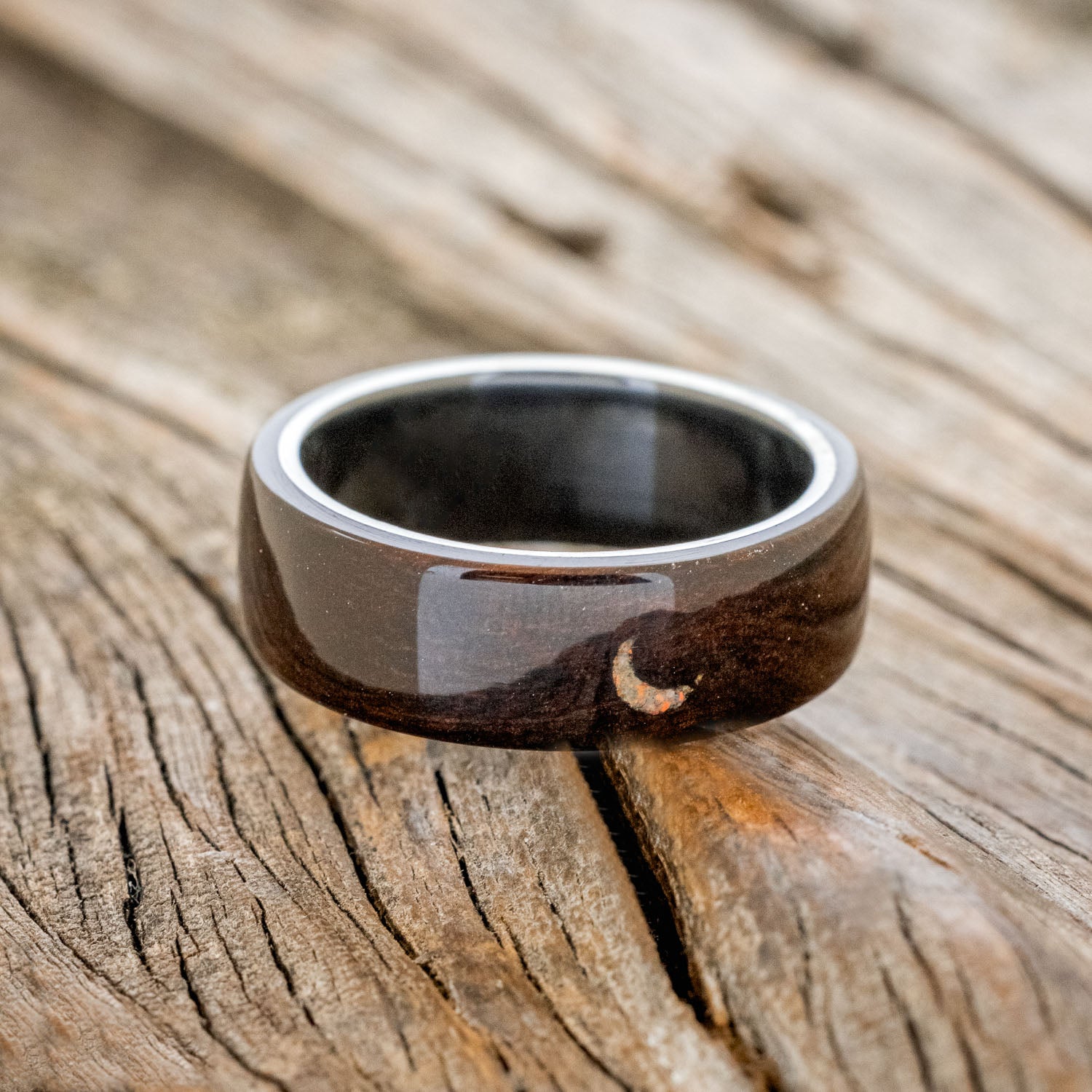 "THERON" - IRONWOOD WEDDING BAND WITH CRESCENT MOON ENGRAVING & FIRE AND ICE OPAL INLAY-6