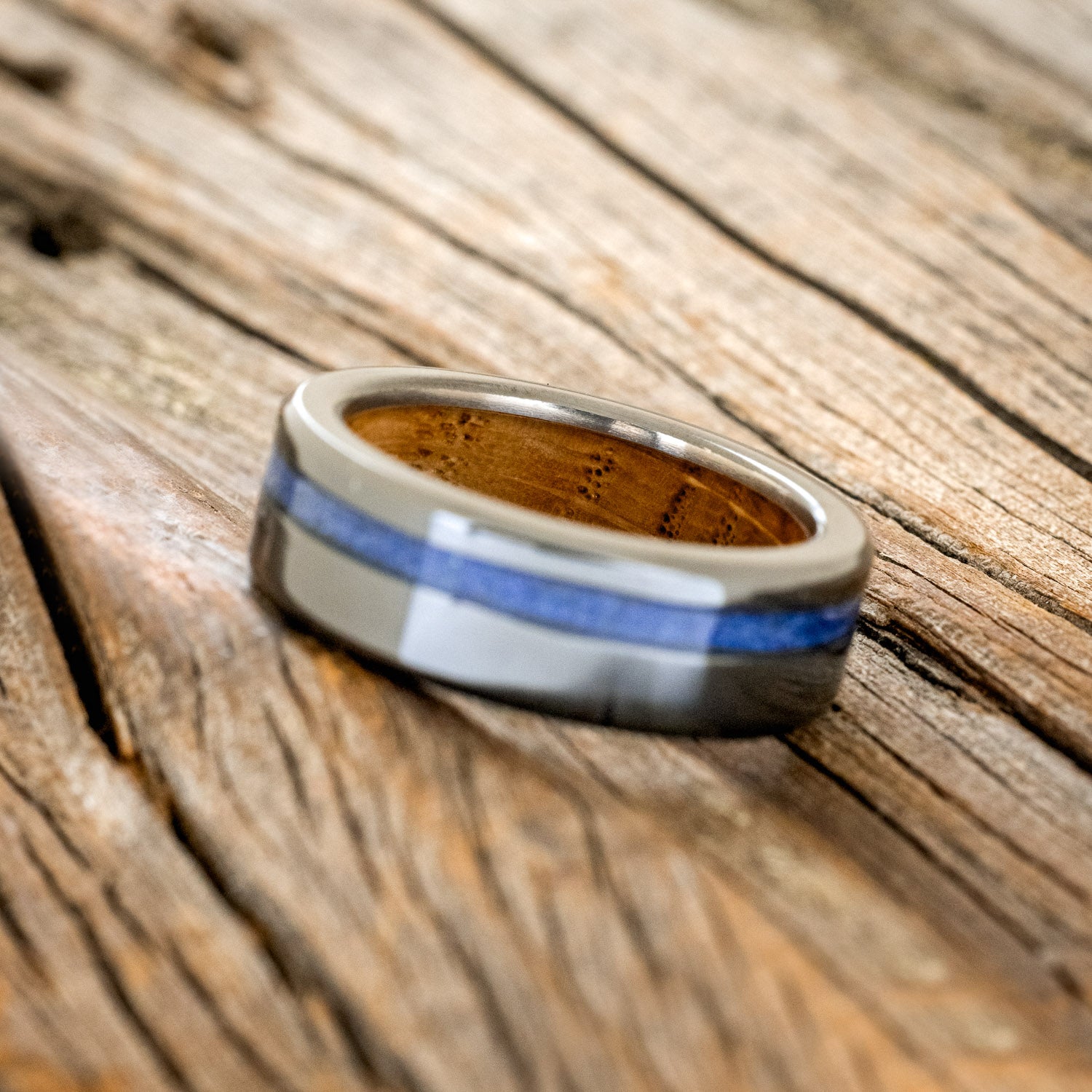 "VERTIGO" - LAPIS LAZULI WEDDING RING FEATURING A WHISKEY BARREL LINED BAND-5
