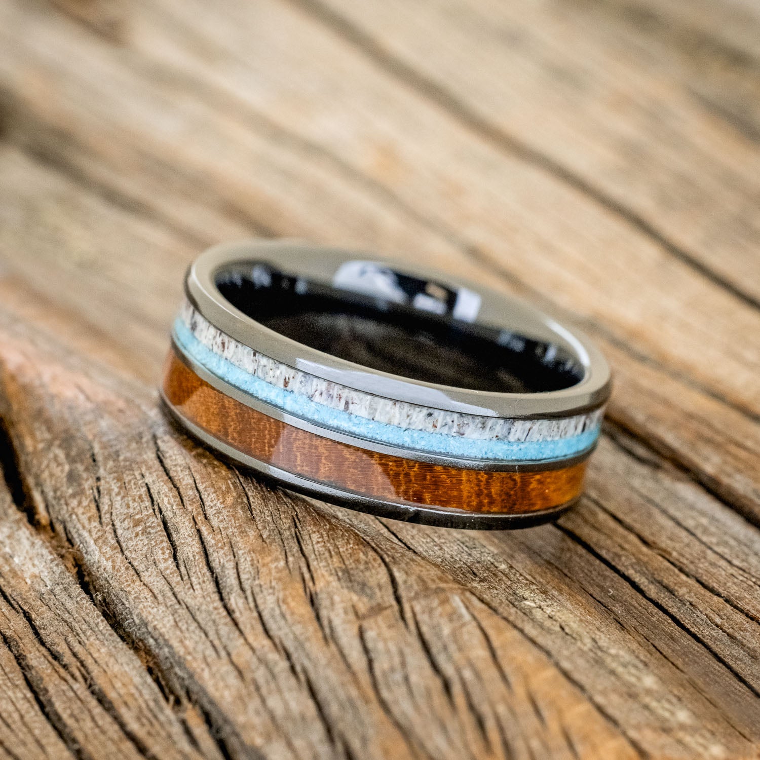 "DYAD" - IRONWOOD, ANTLER & TURQUOISE WEDDING BAND-10