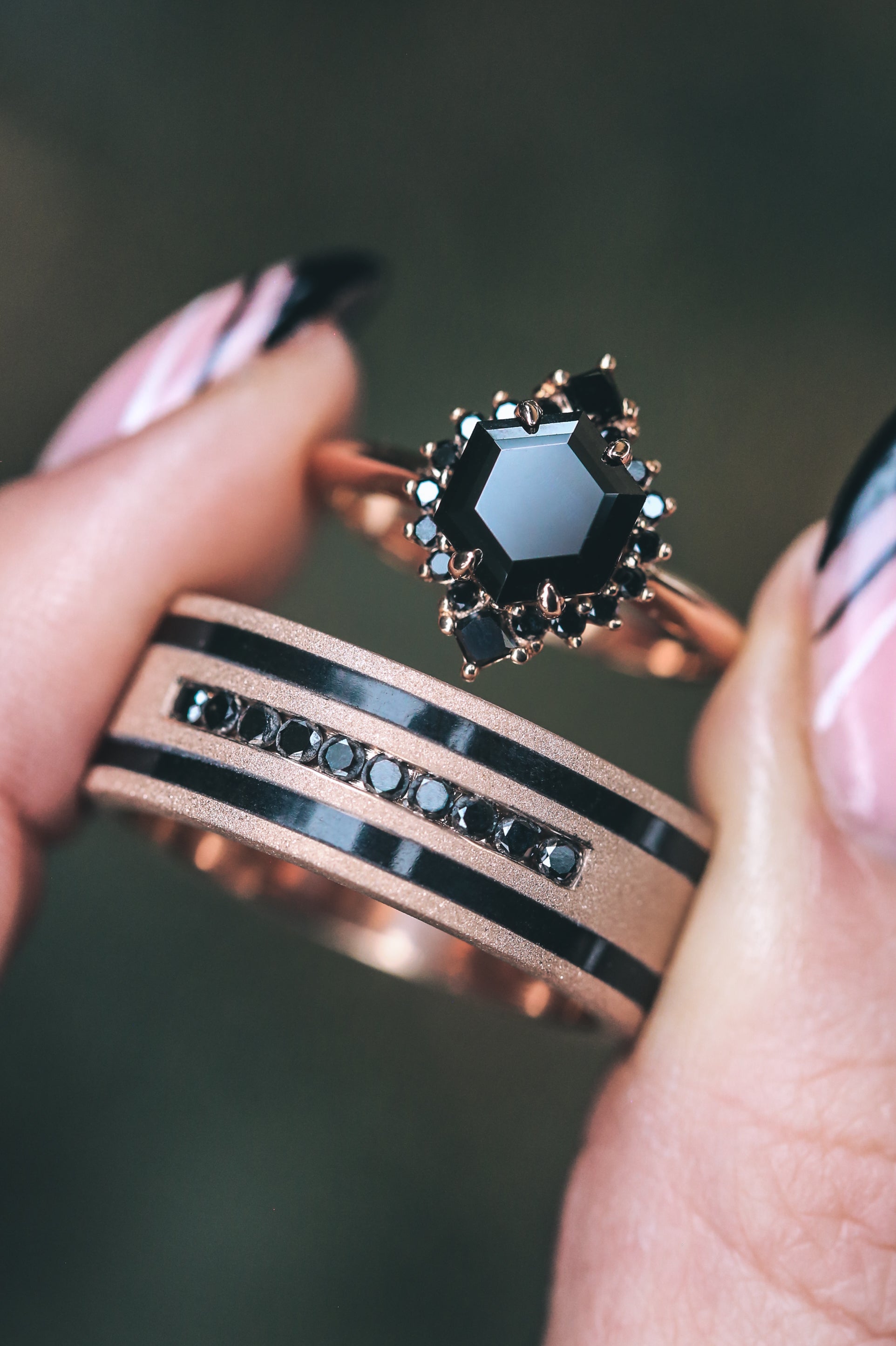 "NEREZZA" - HEXAGON CUT BLACK MOISSANITE ENGAGEMENT RING WITH A BLACK DIAMOND HALO-13
