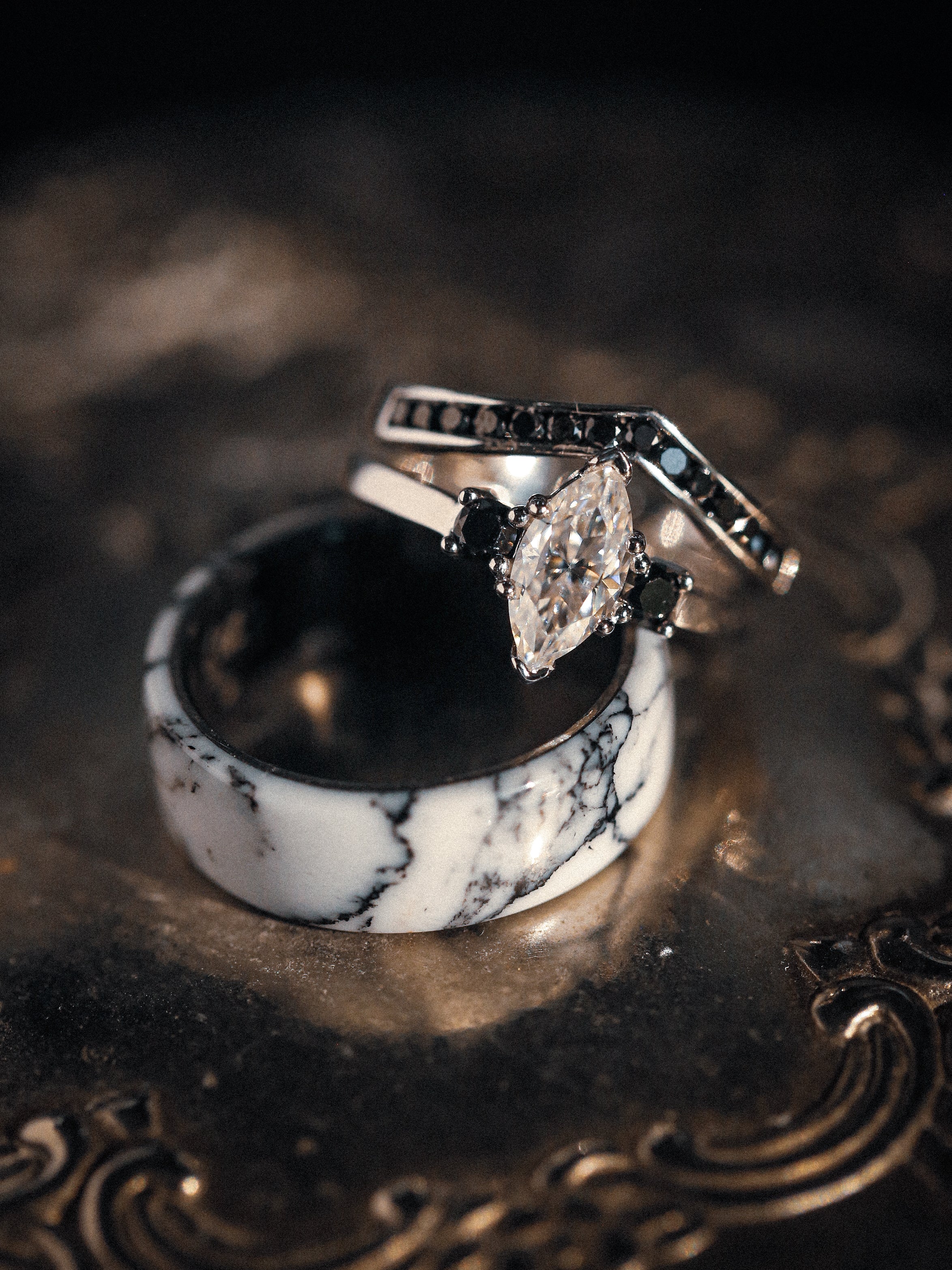 MARQUISE CUT MOISSANITE ENGAGEMENT RING WITH BLACK DIAMOND ACCENTS & "CARA" TRACER-25