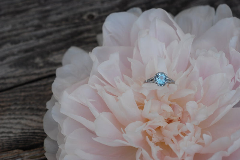 14K GOLD & SKY BLUE TOPAZ WITH DIAMOND HALO ENGAGEMENT RING (available in 14K white gold) - Staghead Designs - Antler Rings By Staghead Designs
