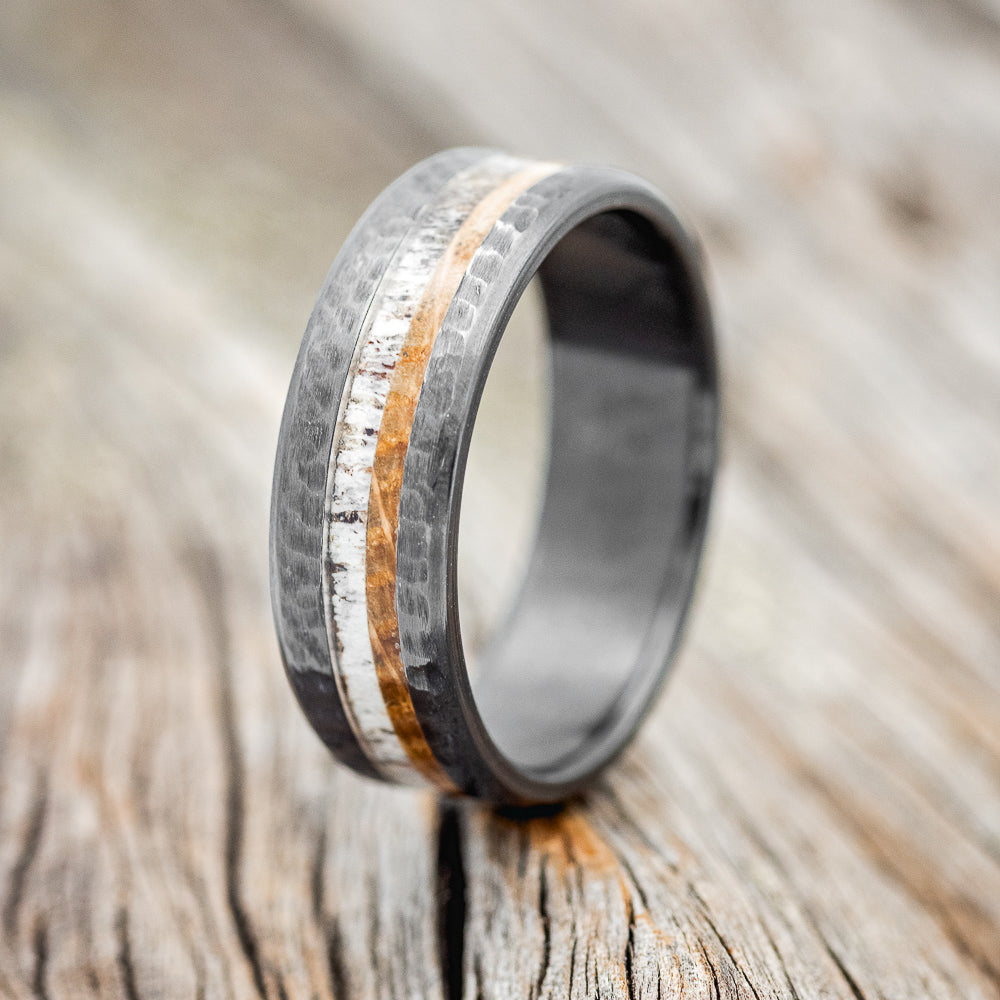 "CASTOR" - ANTLER & WHISKEY BARREL OAK WEDDING RING WITH A HAMMERED FINISH - READY TO SHIP-4