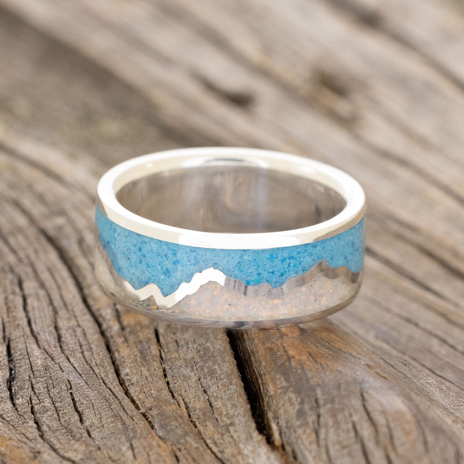 "PEAK" - WHITE OPAL & TURQUOISE INLAY WITH MOUNTAIN RANGE WEDDING BAND-6