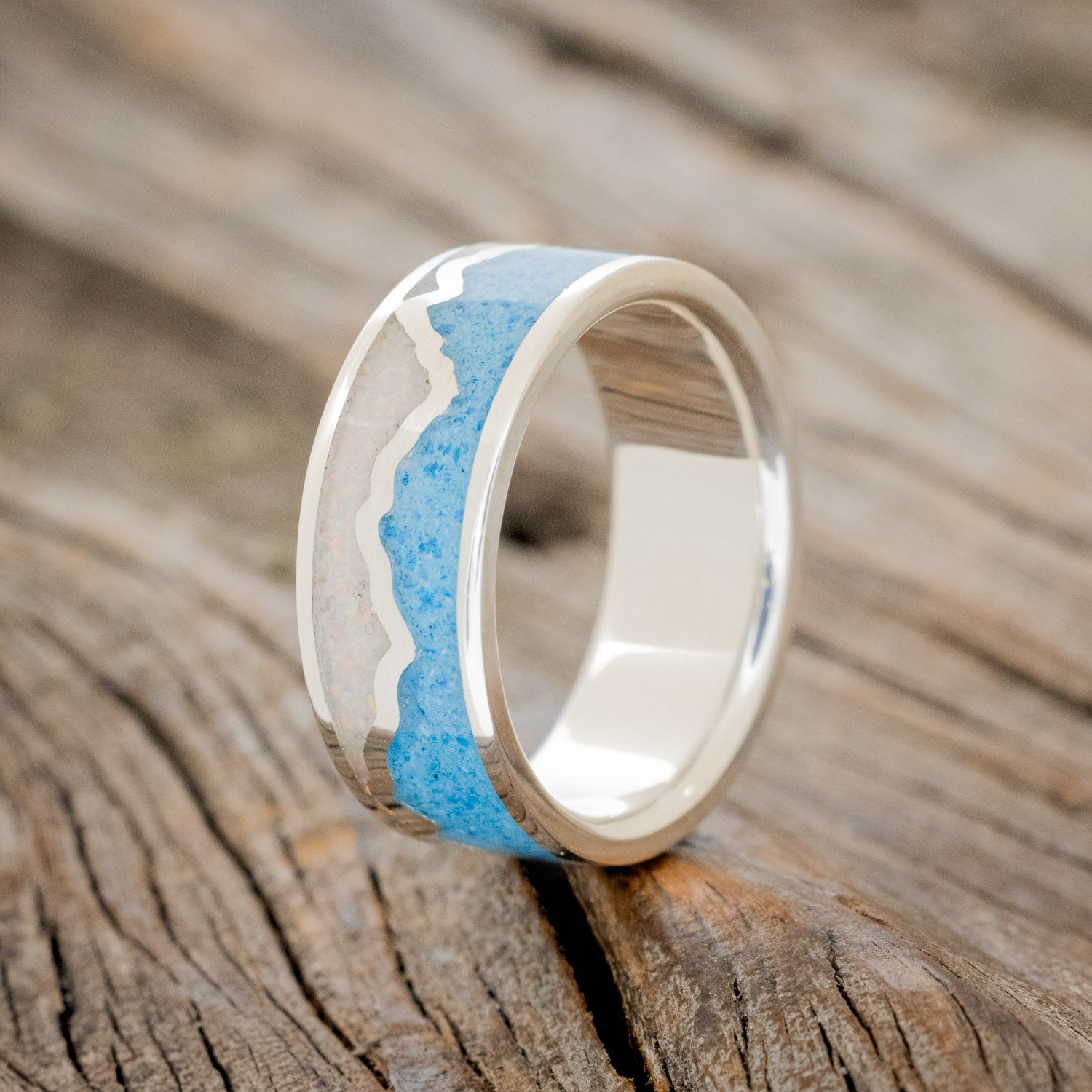"PEAK" - WHITE OPAL & TURQUOISE INLAY WITH MOUNTAIN RANGE WEDDING BAND-4