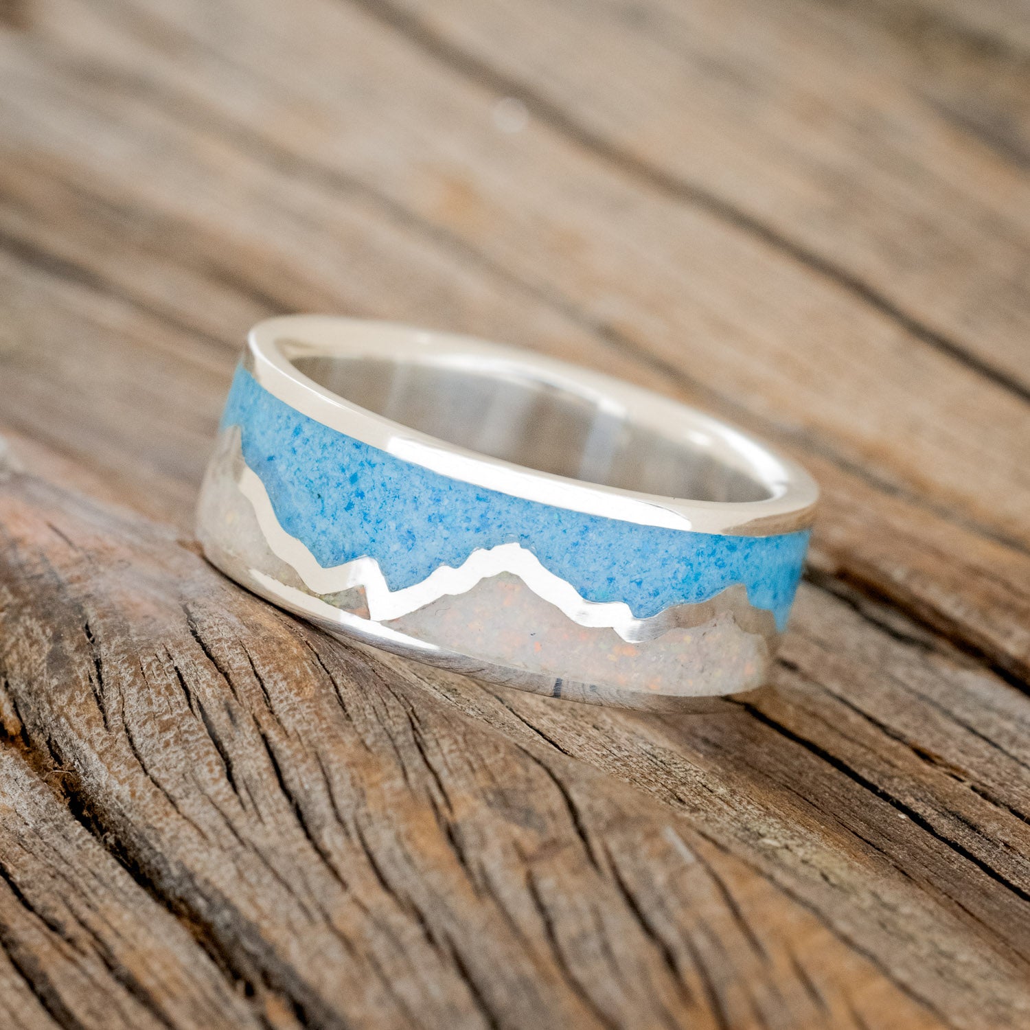 "PEAK" - WHITE OPAL & TURQUOISE INLAY WITH MOUNTAIN RANGE WEDDING BAND-5