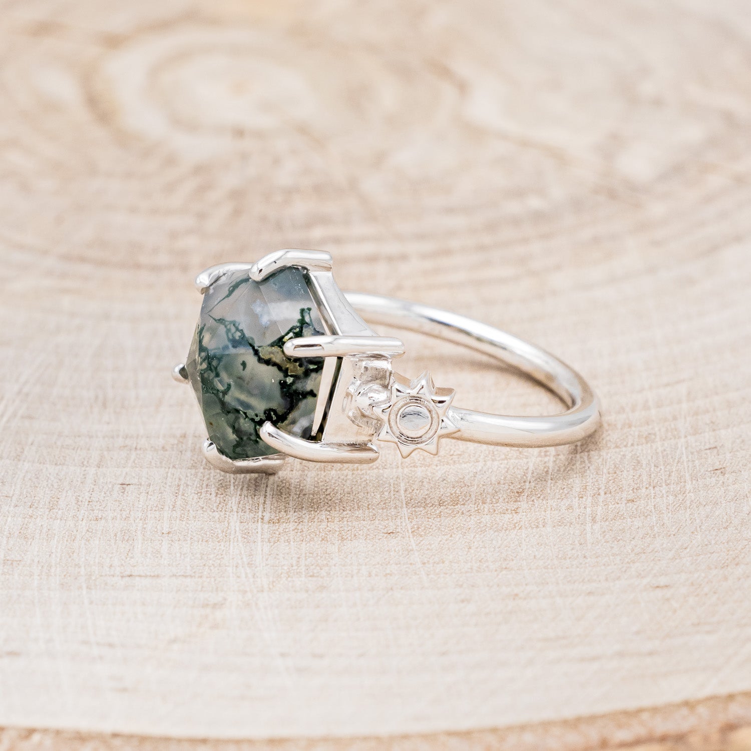 "SOLLÚA" - HEXAGON MOSS AGATE ENGAGEMENT RING WITH SUN & CRESCENT MOON ACCENTS-3