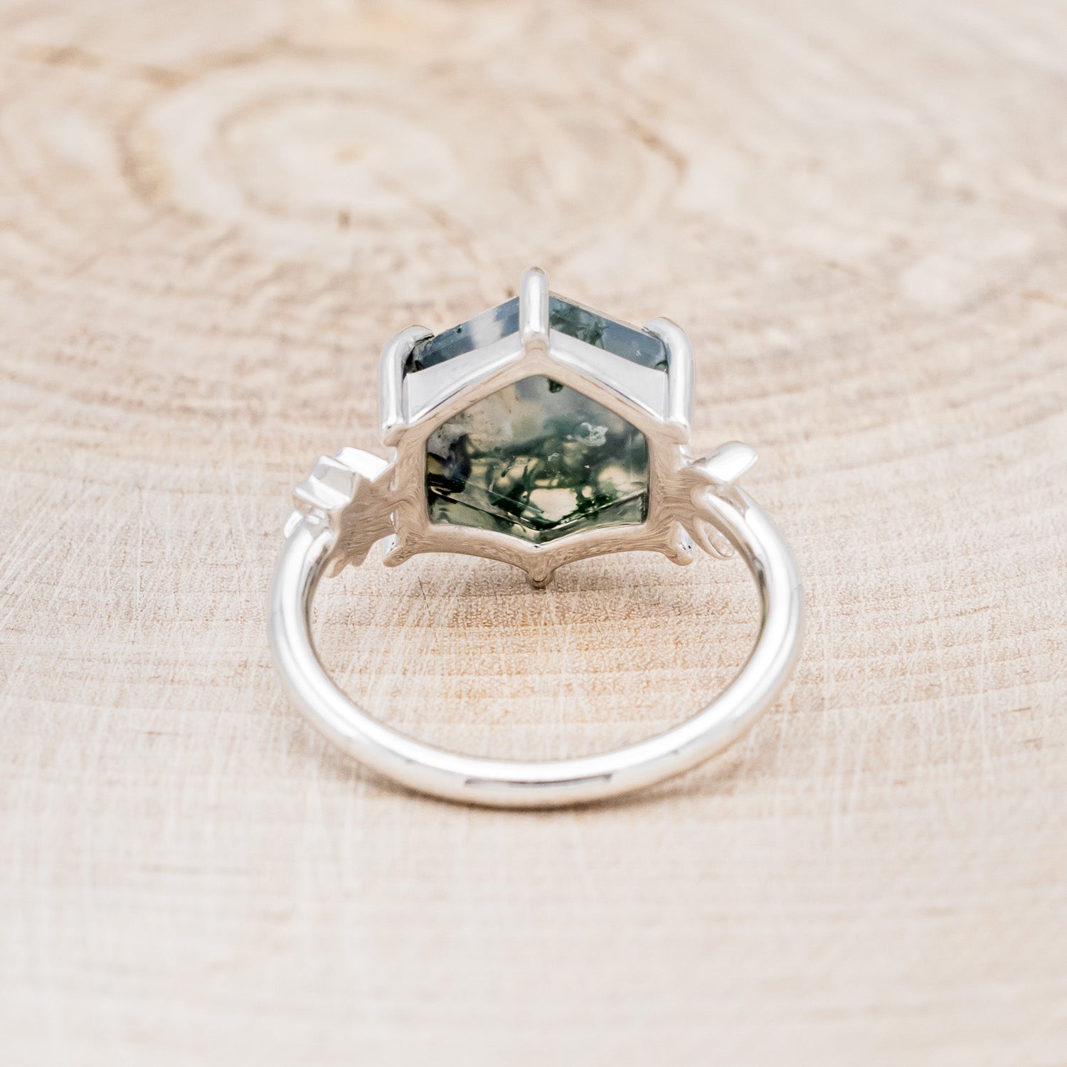 "SOLLÚA" - HEXAGON MOSS AGATE ENGAGEMENT RING WITH SUN & CRESCENT MOON ACCENTS-5