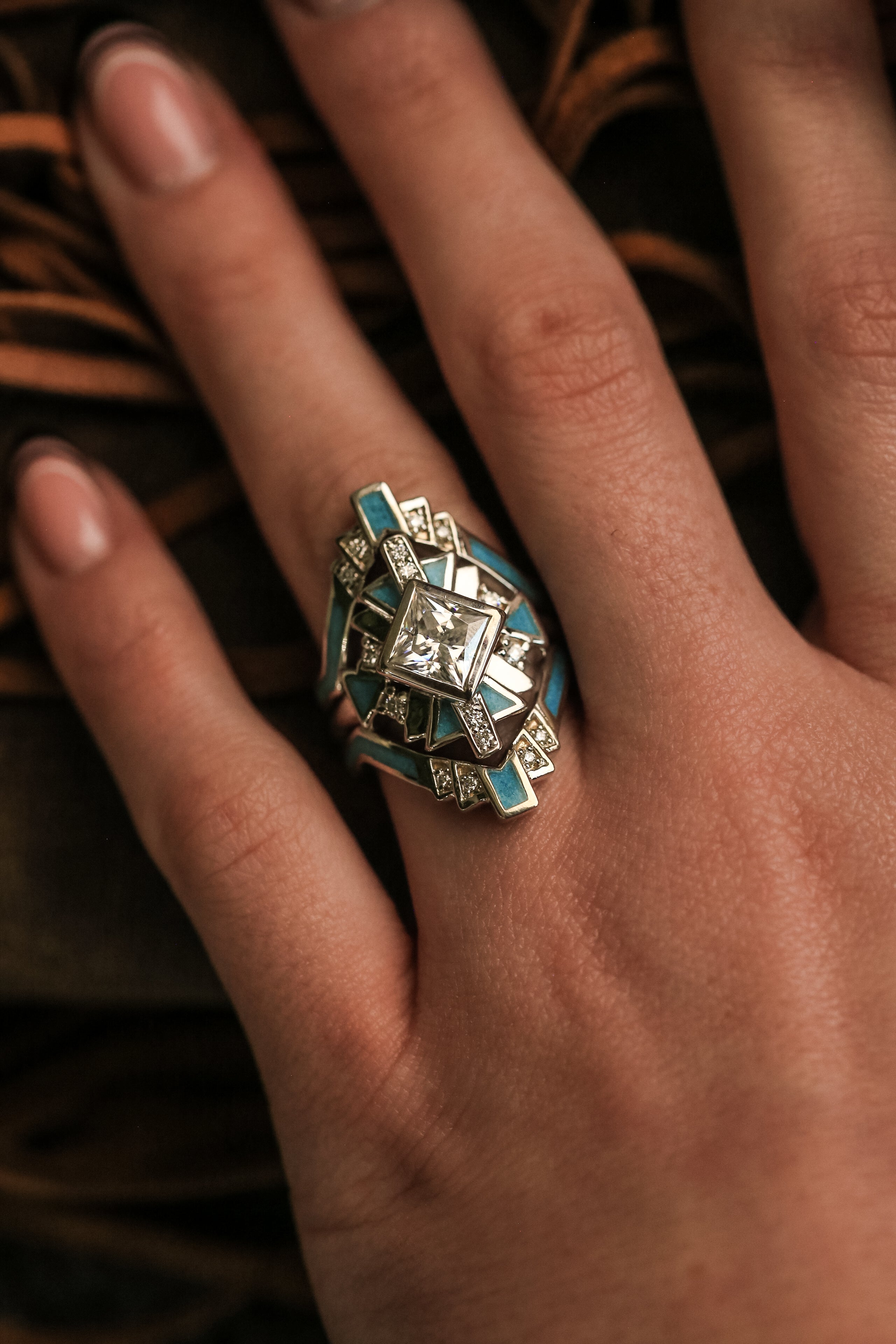 "CALLIANDRA" - BRIDAL SUITE - PRINCESS CUT MOISSANITE ENGAGEMENT RING WITH DIAMOND ACCENTS, TURQUOISE, & TRACERS-30