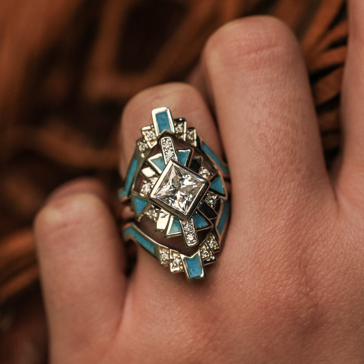 "CALLIANDRA" - BRIDAL SUITE - PRINCESS CUT MOISSANITE ENGAGEMENT RING WITH DIAMOND ACCENTS, TURQUOISE, & TRACERS-31