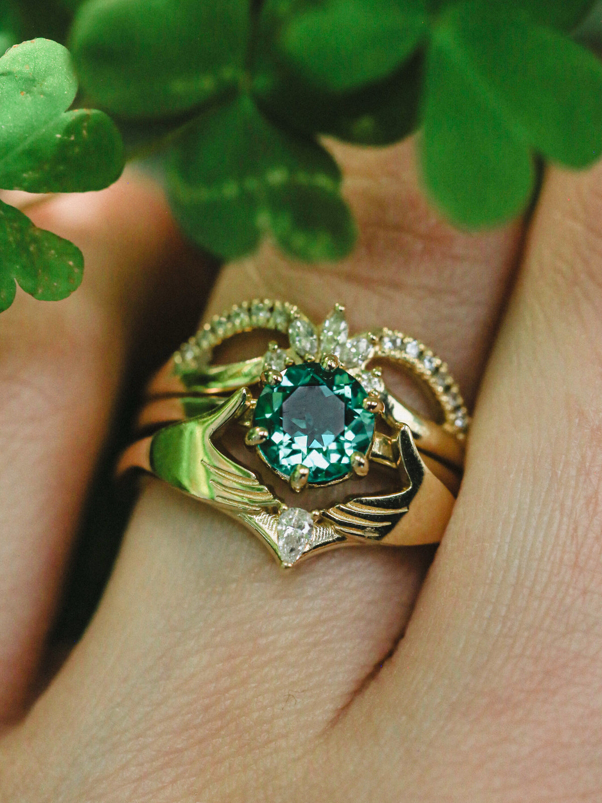 CLADDAGH BRIDAL SUITE - ROUND CUT LAB-GROWN EMERALD SOLITAIRE ENGAGEMENT RING WITH DIAMOND ACCENTS TRACER & CLADDAGH TRACER-37