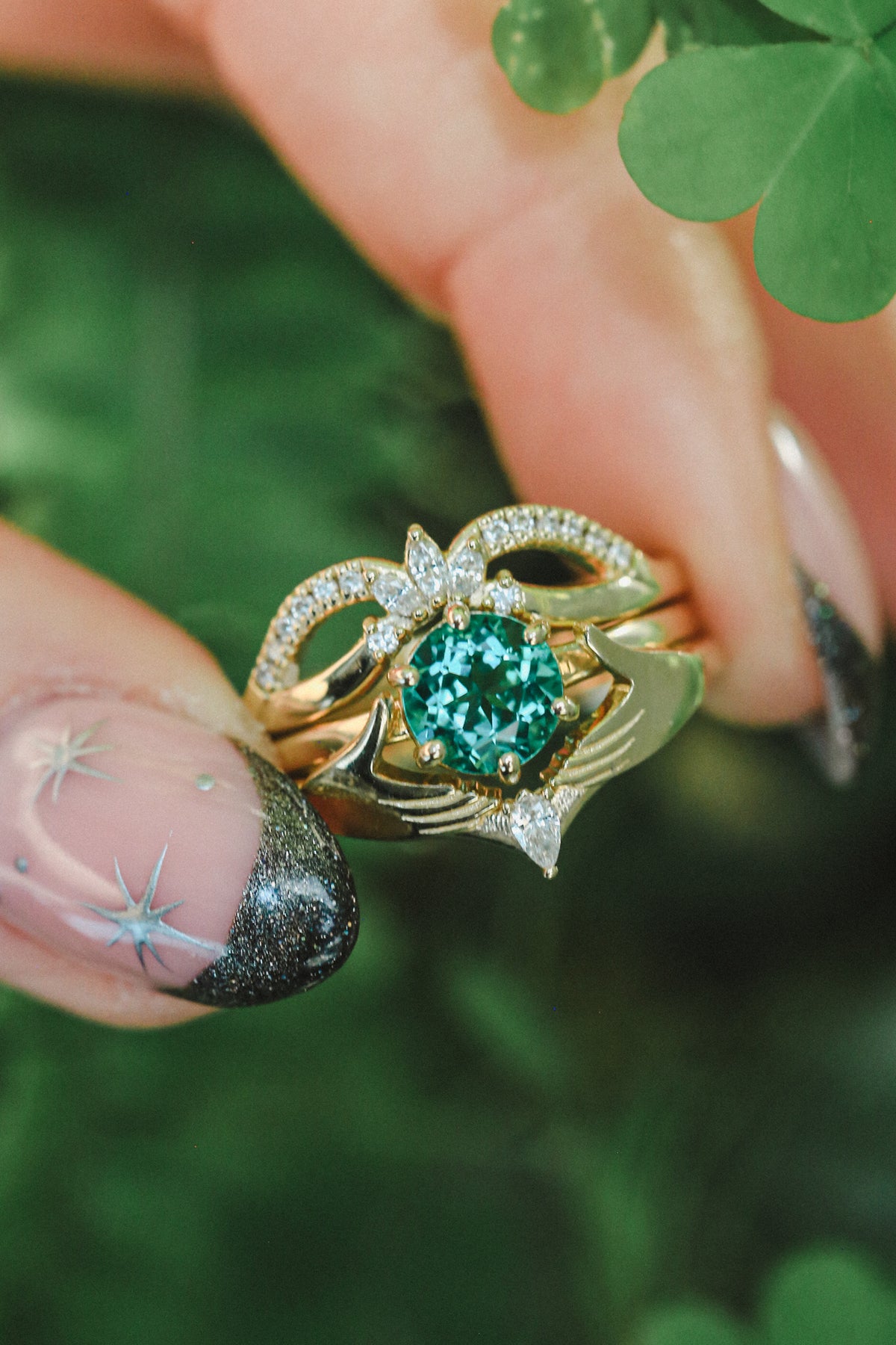 CLADDAGH BRIDAL SUITE - ROUND CUT LAB-GROWN EMERALD SOLITAIRE ENGAGEMENT RING WITH DIAMOND ACCENTS TRACER & CLADDAGH TRACER-35