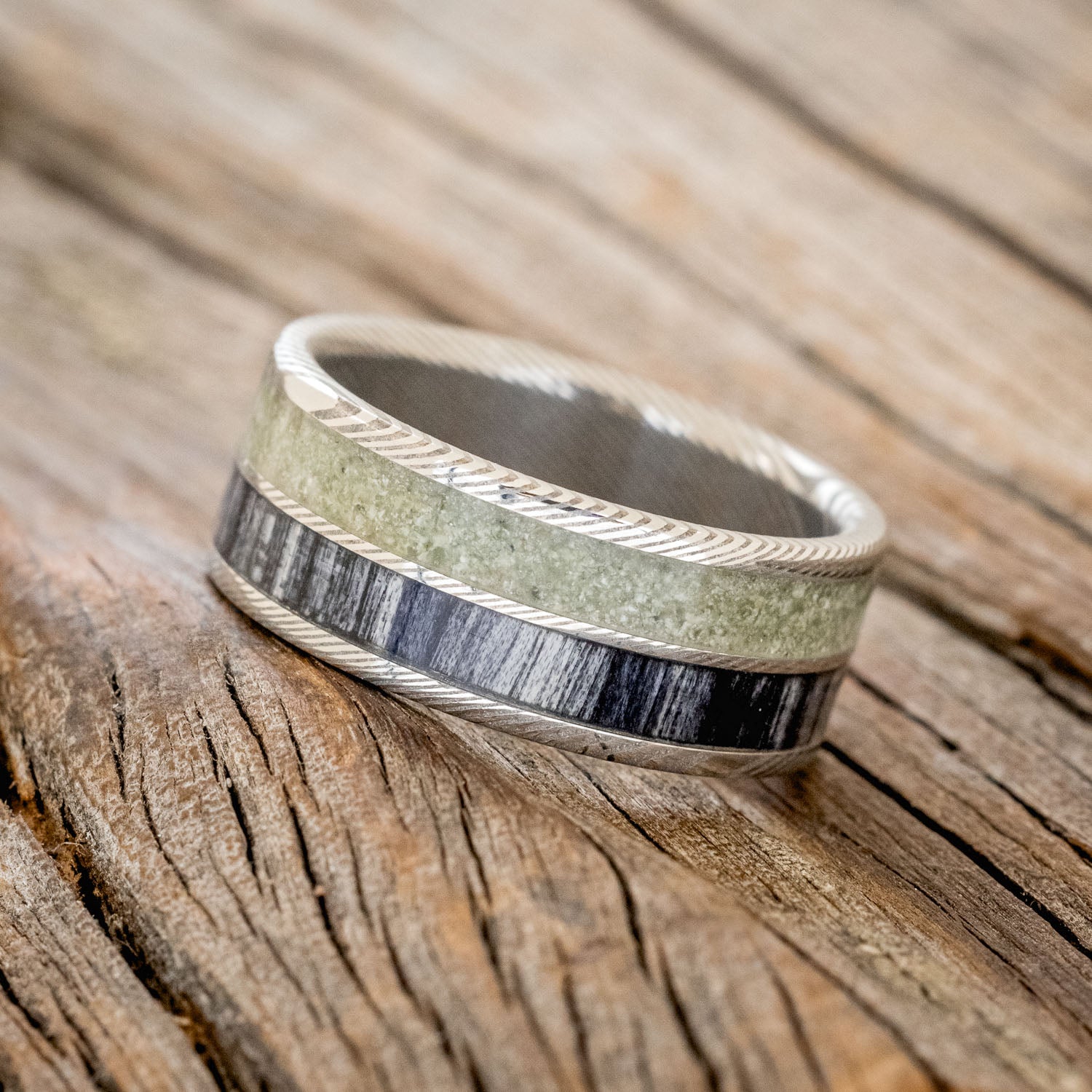 "DYAD" - GREY BIRCH WOOD & MOLDAVITE WEDDING BAND-2