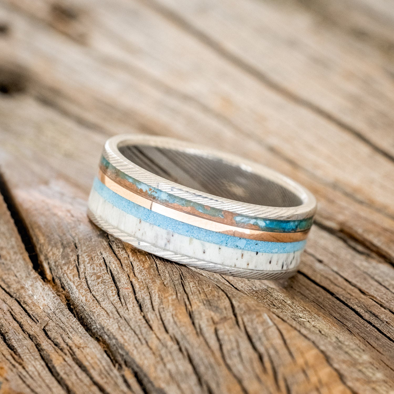 "ELEMENT" - PATINA COPPER, TURQUOISE, ANTLER & 14K ROSE GOLD INLAY WEDDING BAND-8