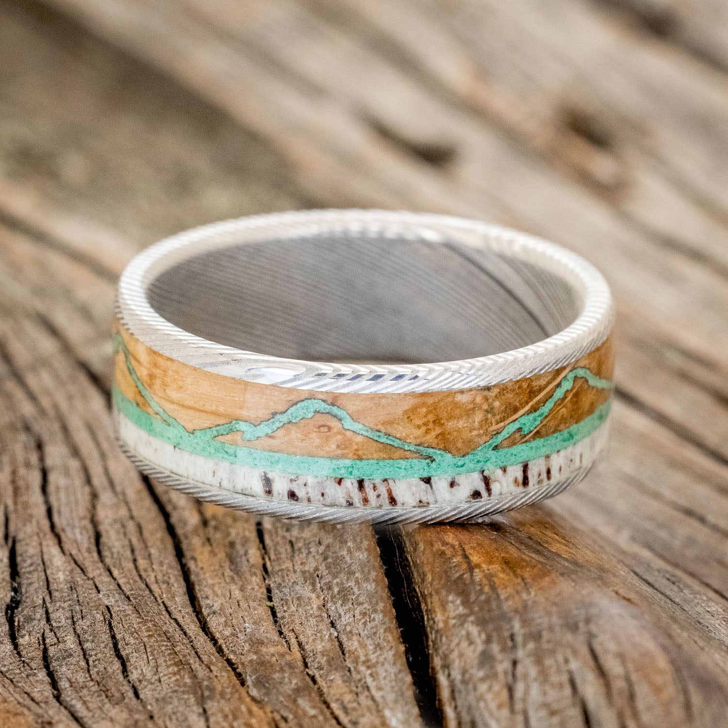 "THE EXPEDITION" - MOUNTAIN ENGRAVED WEDDING RING WITH WHISKEY BARREL OAK, MALACHITE & ANTLER-6