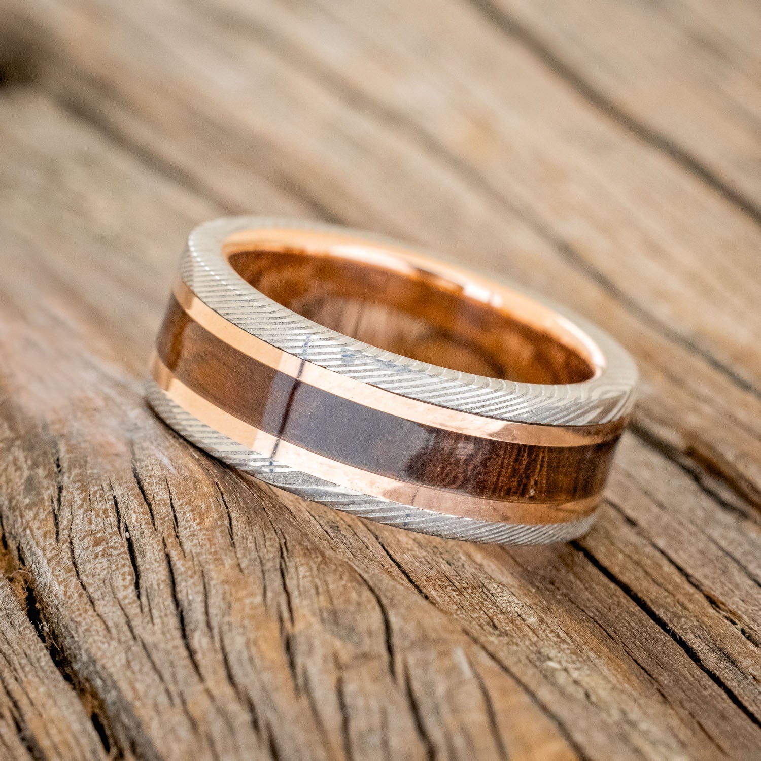 "KALDER" - IRONWOOD & 14K GOLD INLAYS WEDDING RING FEATURING A DAMASCUS STEEL OVERLAY 14K GOLD BAND-2