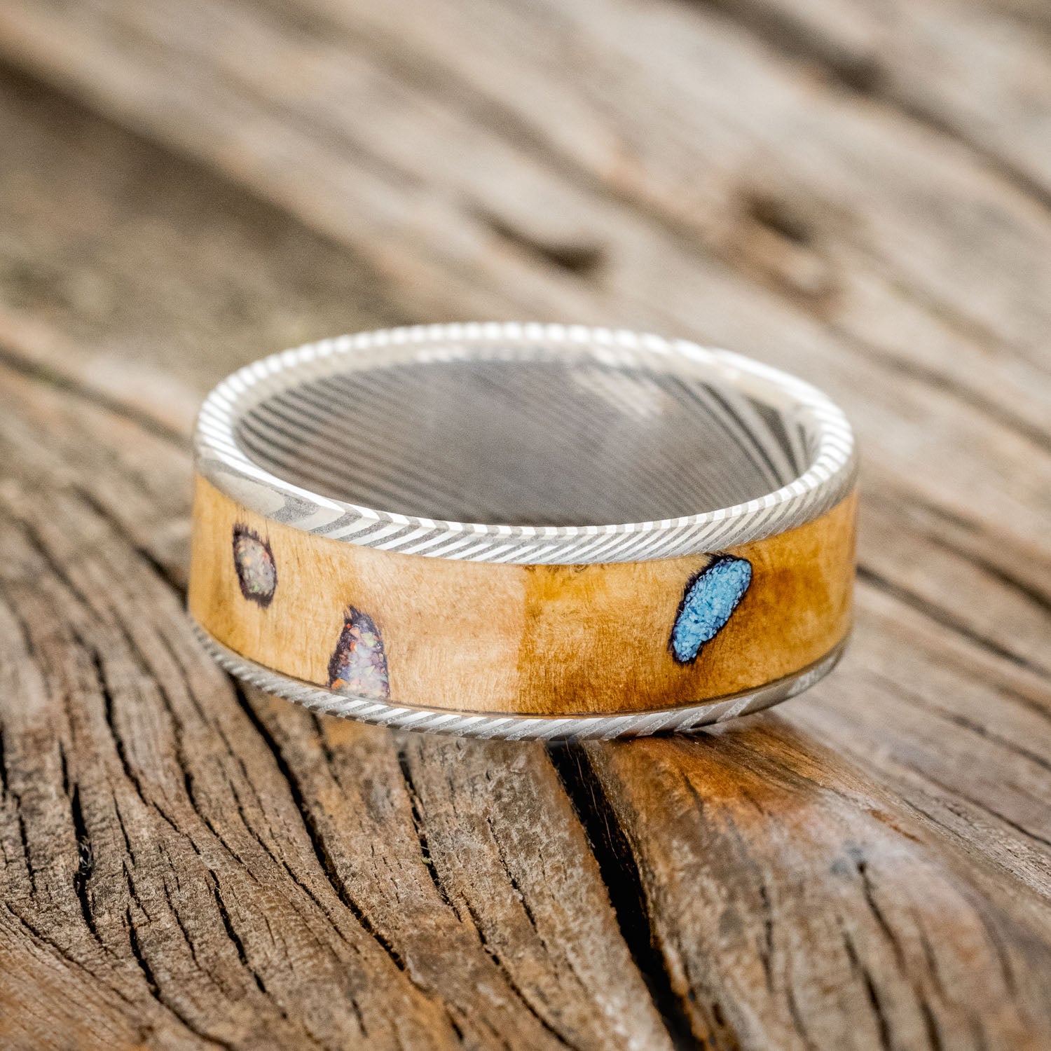 "RAINIER" - WHISKEY BARREL WOOD, OPAL & TURQUOISE WEDDING BAND-6